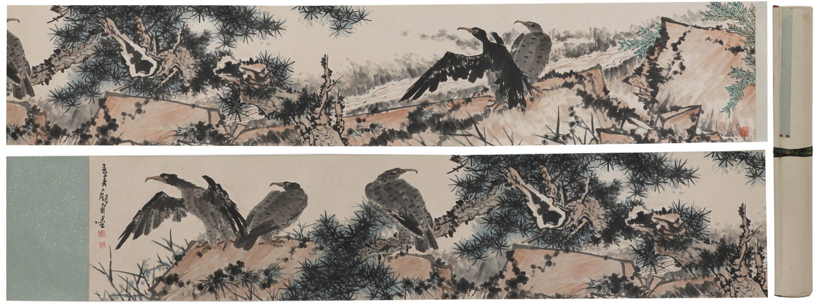 A Chinese Hand Scroll Ink Painting of Pine and Eagle on Paper: A Chinese Hand Scroll Ink Painting of Pine and Eagle on Paper,Pan Tianshou,Size:18.9inx143.3in 一幅中国水墨松鹰画手卷,潘天