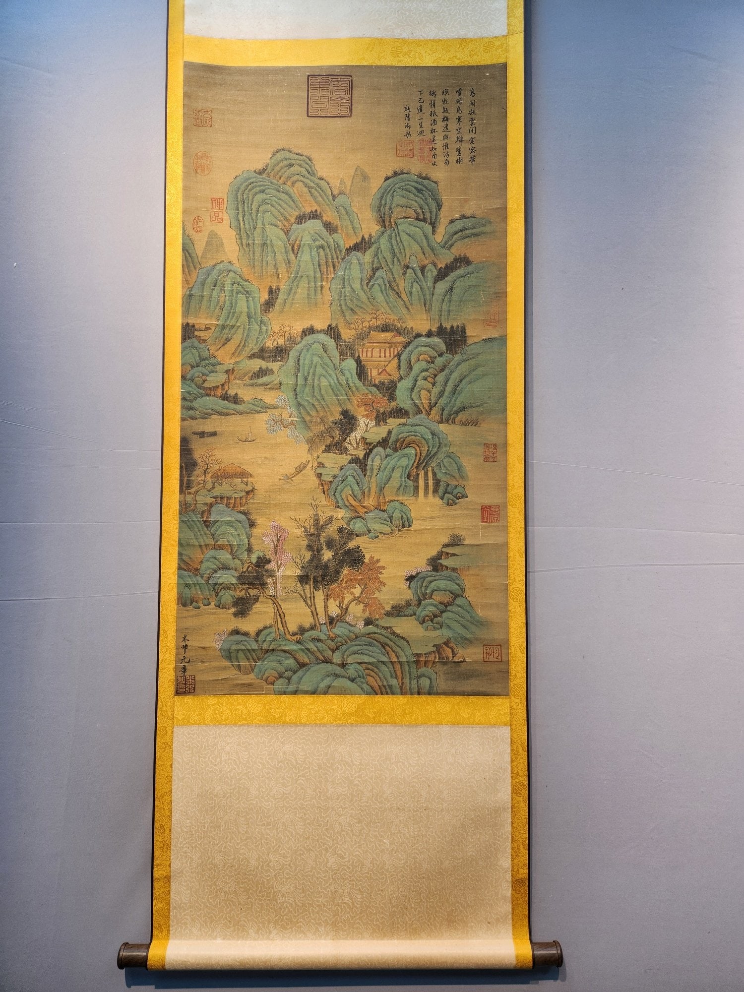 A Chinese Vertical Scroll Ink Painting of Landscape on Silk,Mi Fu: A Chinese Vertical Scroll Ink Painting of Landscape on Silk,Mi Fu,Size:(Without frame)40.6inx20.9in 一幅中国水墨绢本山水画立$