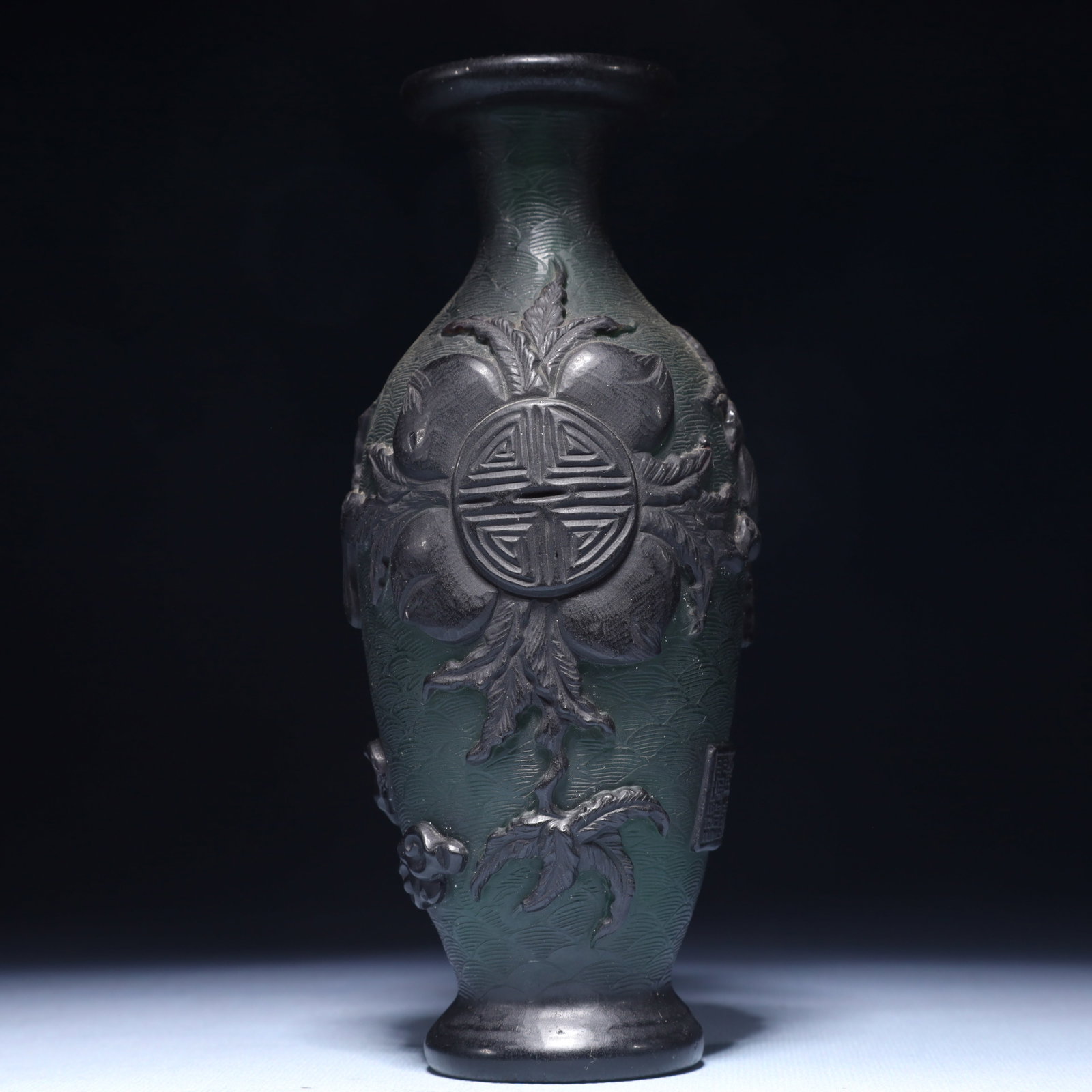 An Exquisite Glass Bats and Peach Pattern Vase: An Exquisite Glass Bats and Peach Pattern Vase,Qing Dynasty,China,Qianlong Four-character Mark,Size:2.8inx7.1in,Weight:400g 琉璃福寿纹瓶,中国清