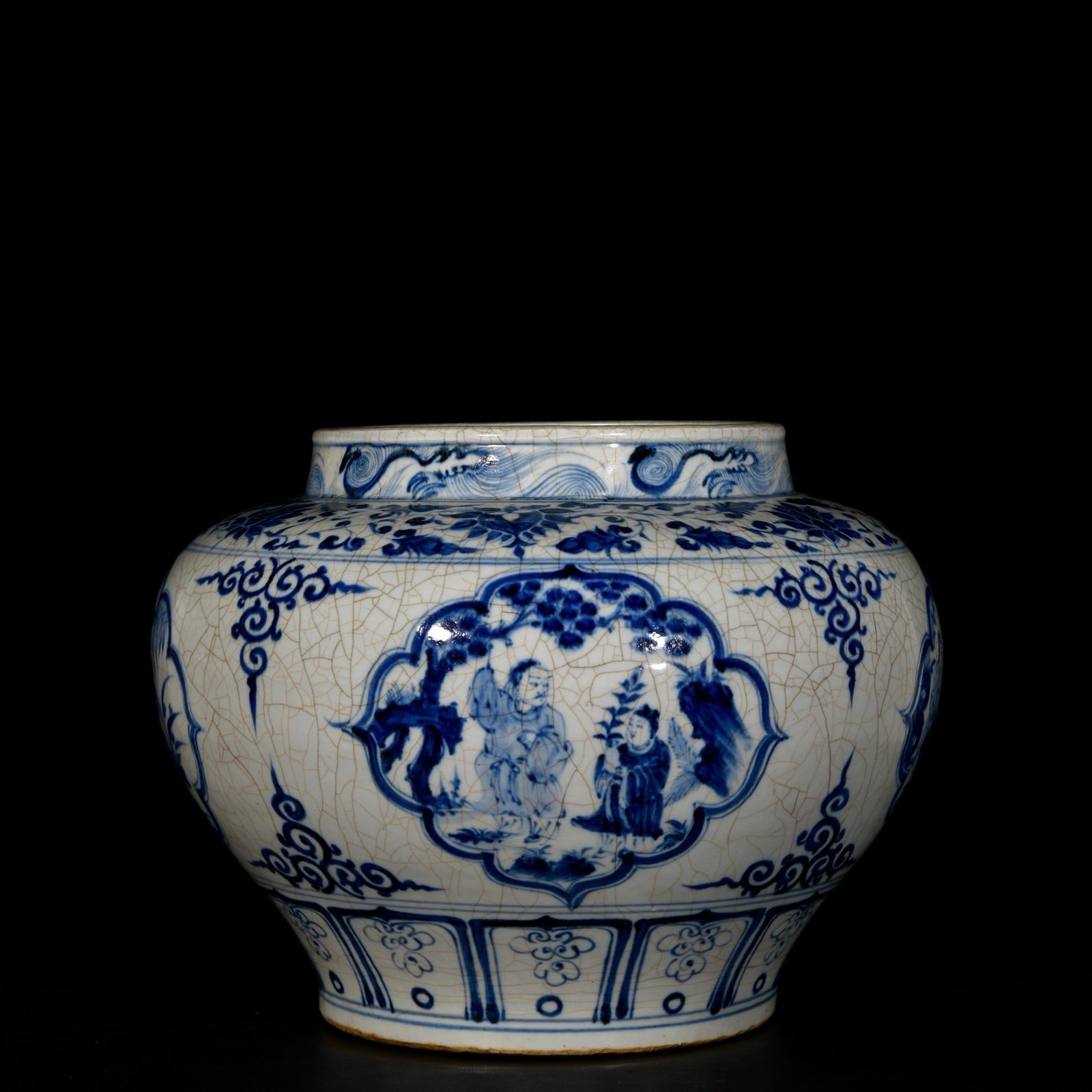 A Rare Blue and White Character and Story Pattern Jar: A Rare Blue and White Character and Story Pattern Jar,Yuan Dynasty, China,Size:10.2inx13.4in 青花人物故事纹罐,中国元代