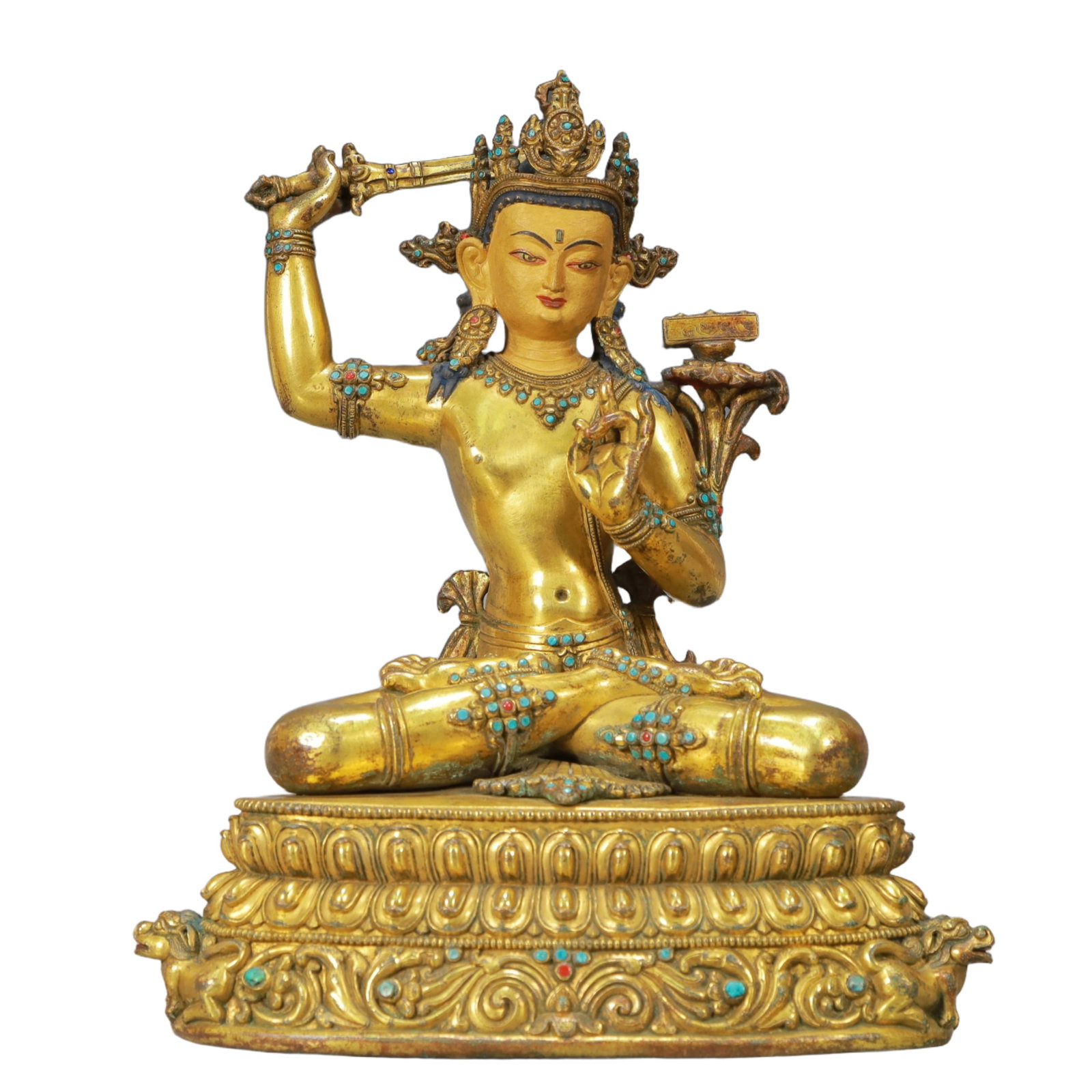 A Solemn Gilt Bronze Statue of Manjusri,Inlaid Turquoise,With Inscription: A Solemn Gilt Bronze Statue of Manjusri,Inlaid Turquoise,With Inscription,Ming Dynasty, China,Size:10.6inx7inx13.2in,Weight:6800g 铜鎏金文殊菩萨像,î