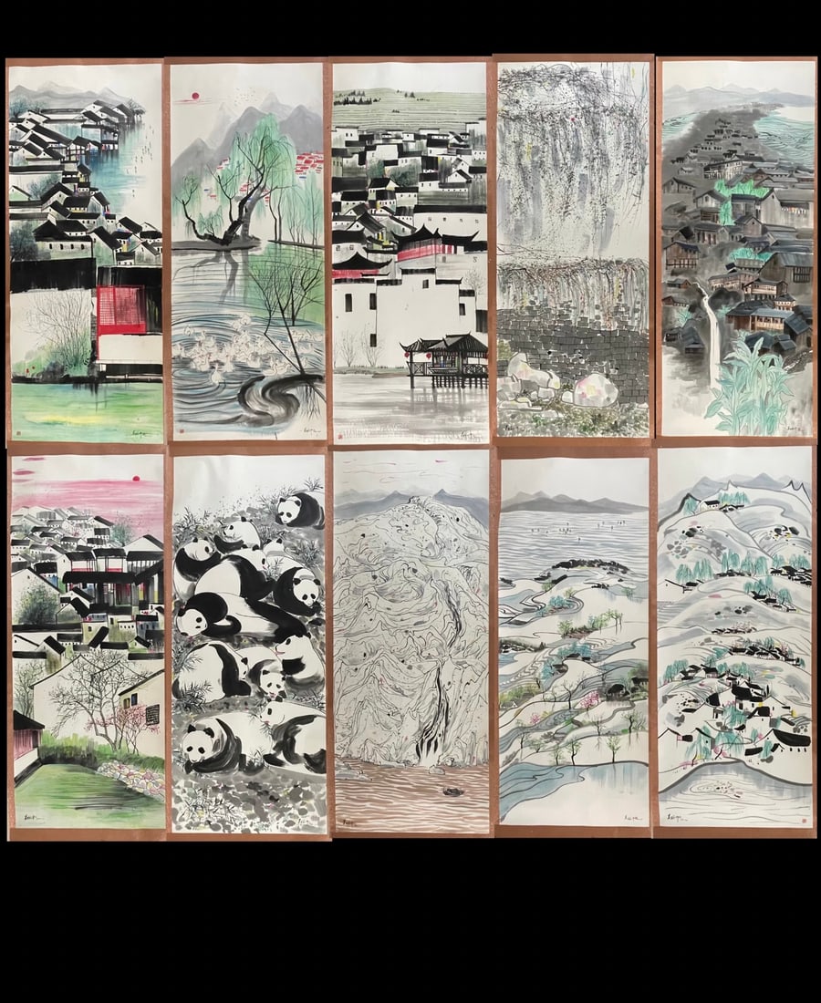 A Set of Chinese Ink Painting of Landscape on Paper,Wu Guanzhong: A Set of Chinese Ink Painting of Landscape on Paper,Wu Guanzhong,Size:55.1inx141.7in*10 一套中国水墨山水画,吴冠中
