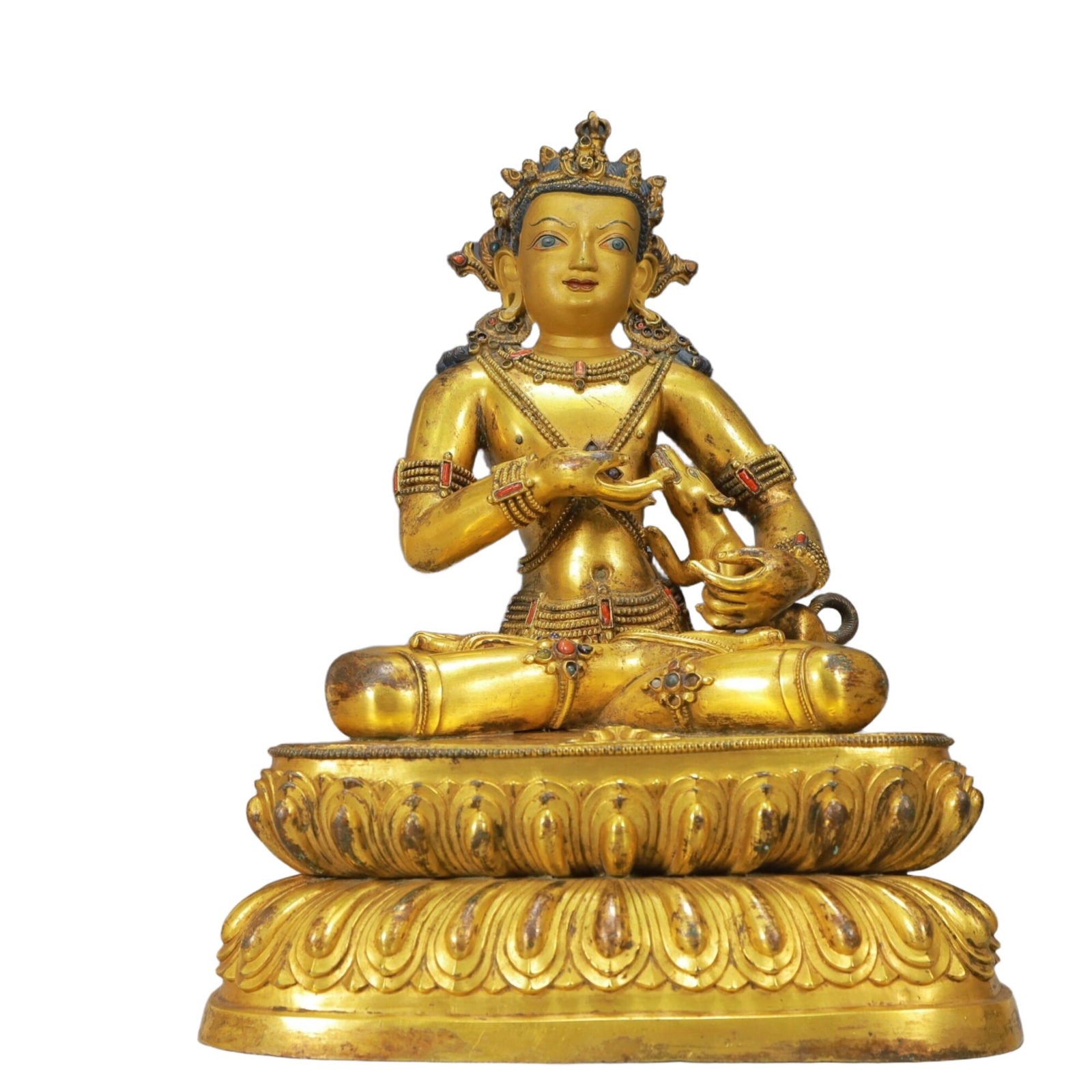 A Solemn Gilt Bronze Statue of Vajrasattva,Inlaid Gems,With Inscription: A Solemn Gilt Bronze Statue of Vajrasattva,Inlaid Gems,With Inscription,Ming Dynasty, China,Size:10.7inx7.7inx13.7in,Weight:7350g 铜鎏金金刚萨陲像,î