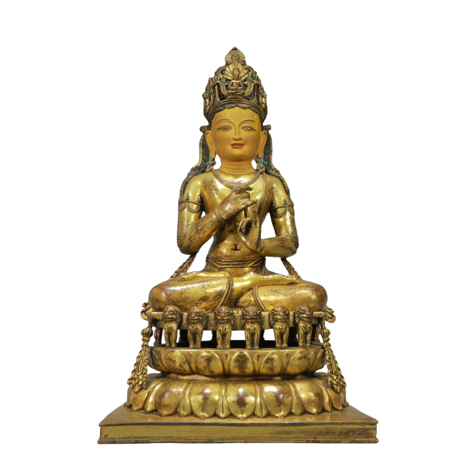 A Solemn Gilt Bronze Statue of Avalokitesvara,Inlaid Turquoise: A Solemn Gilt Bronze Statue of Avalokitesvara,Inlaid Turquoise,Ming Dynasty, China,Size:10.6inx8.4inx17.6in,Weight:8300g 铜鎏金观音像,嵌绿松௾