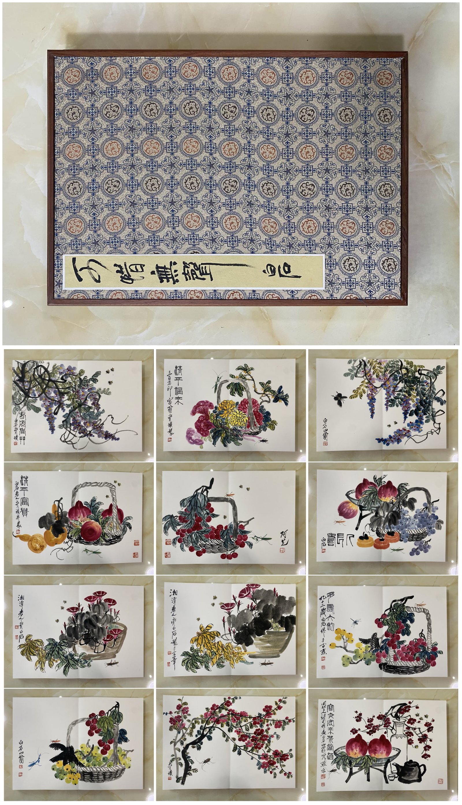 A Chinese Album Ink Painting of Flower and Fruit on Paper,Qi Baishi: A Chinese Album Ink Painting of Flower and Fruit on Paper,Qi Baishi,Size:17.3inx25.2in*12 一本中国水墨花果图画册,齐白ĳ