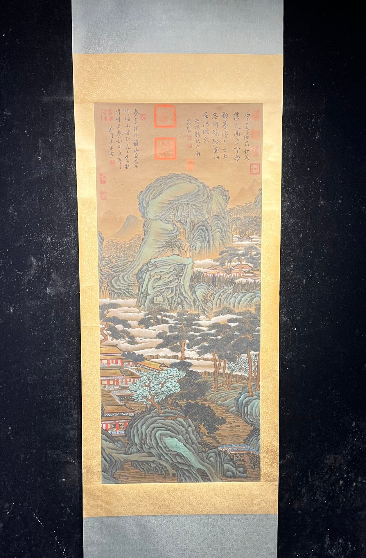 A Chinese Vertical Scroll Ink Painting of Landscape on Silk,Tang Yin: A Chinese Vertical Scroll Ink Painting of Landscape on Silk,Tang Yin,Size:(Without frame)55.9inx24in 一幅中国水墨绢本山水画立