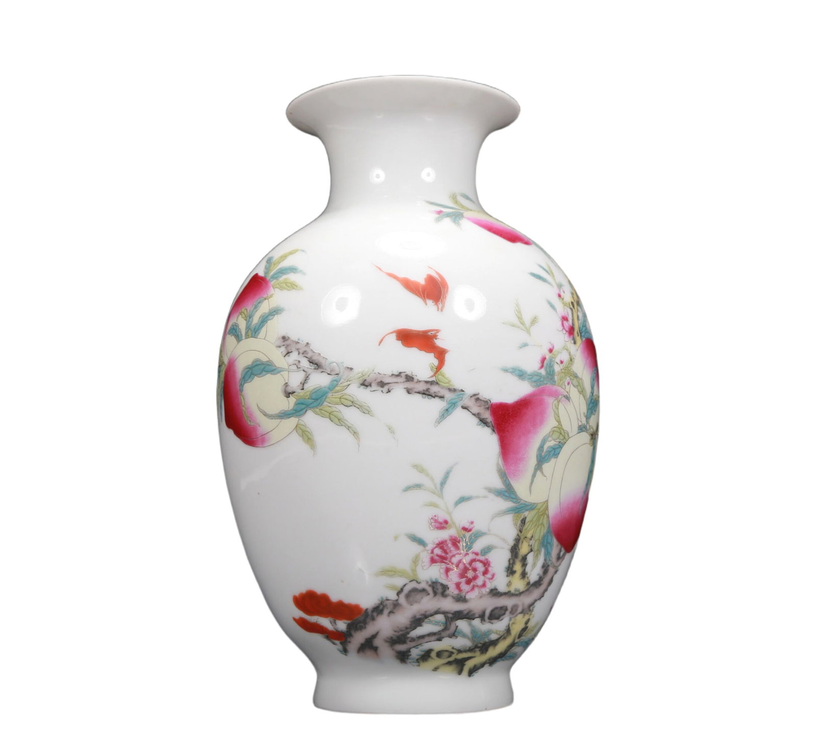A Fabulous Famille-Rose 'Bat& Peach' Vase With Poem Inscriptions: A Fabulous Famille-Rose 'Bat& Peach' Vase With Poem Inscriptions. Potted with an everted top. Chinese Qing Dynasty. Yongzheng Four-Character Mark. Size:4.7inx8.3in. Weight:500g. 清代 Ƃ