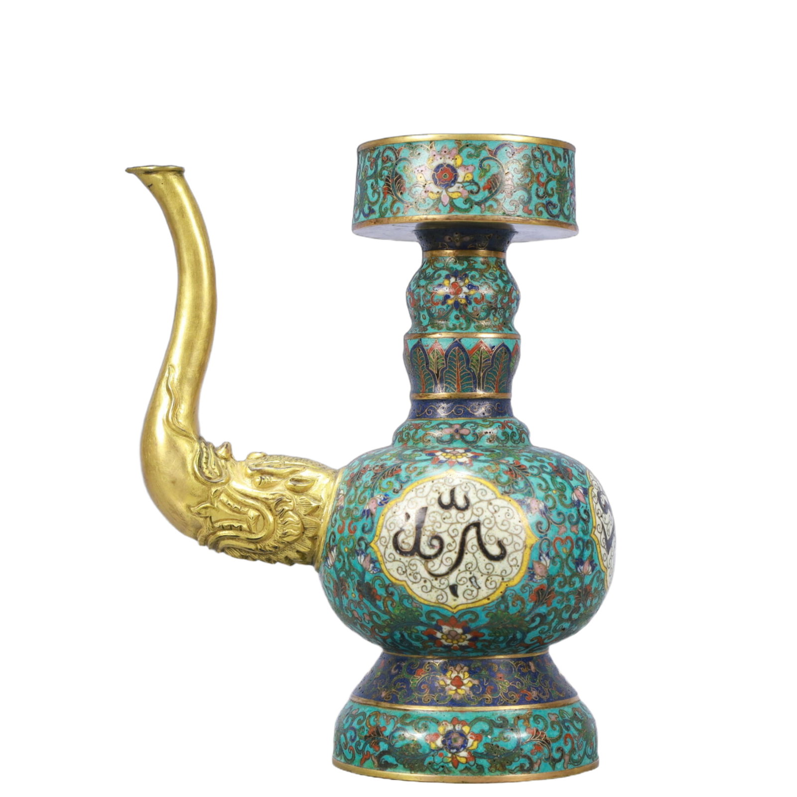 An Exquisite Cloisonne Lotus Pattern Dragon-Mouth Pot,With Sanskrit: An Exquisite Cloisonne Lotus Pattern Dragon-Mouth Pot,With Sanskrit,Qing Dynasty,China,Qianlong Four-character Mark,Size:6.7inx4.1inx8.7in,Weight:1250g 景泰蓝缠枝莲