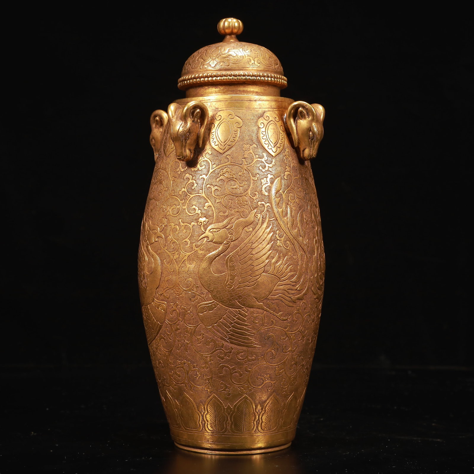 A Rare Gilt Bronze Phoenix Pattern Sheep-Ears Bottle: A Rare Gilt Bronze Phoenix Pattern Sheep-Ears Bottle,Qing Dynasty, China,Size:5.9inx12.6in,Weight:1850g
