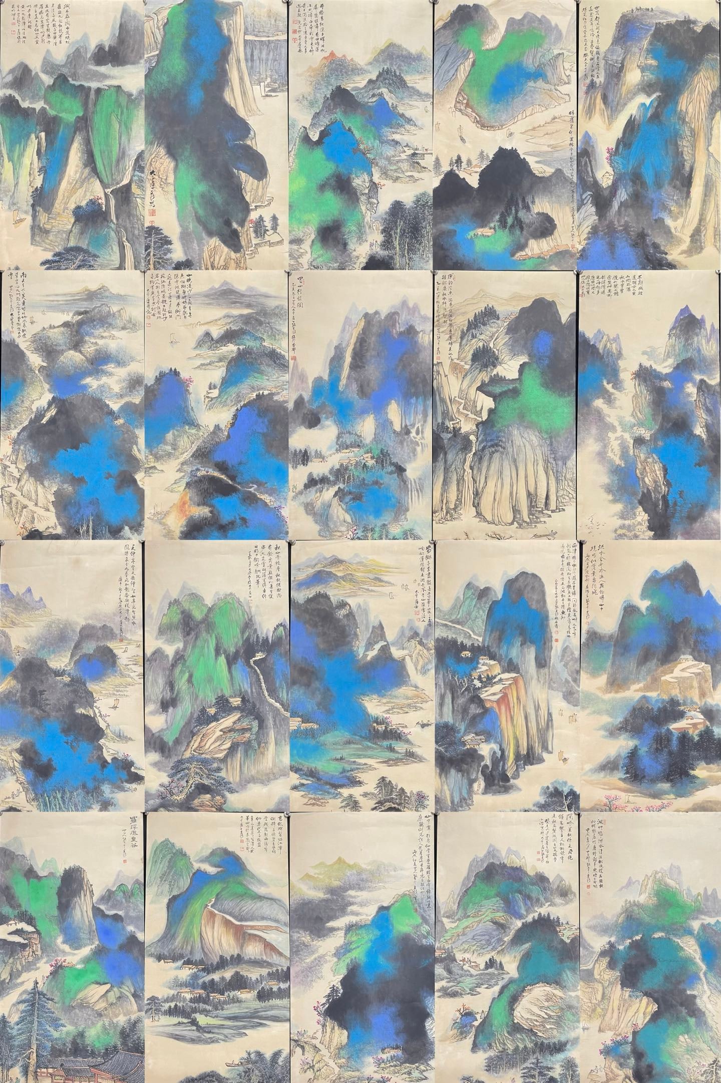 A Set of Chinese Ink Painting of Landscape on Paper,Zhang Daqian: A Set of Chinese Ink Painting of Landscape on Paper,Zhang Daqian,Size:26.8inx53.9in*20 一套中国水墨山水画,张大千