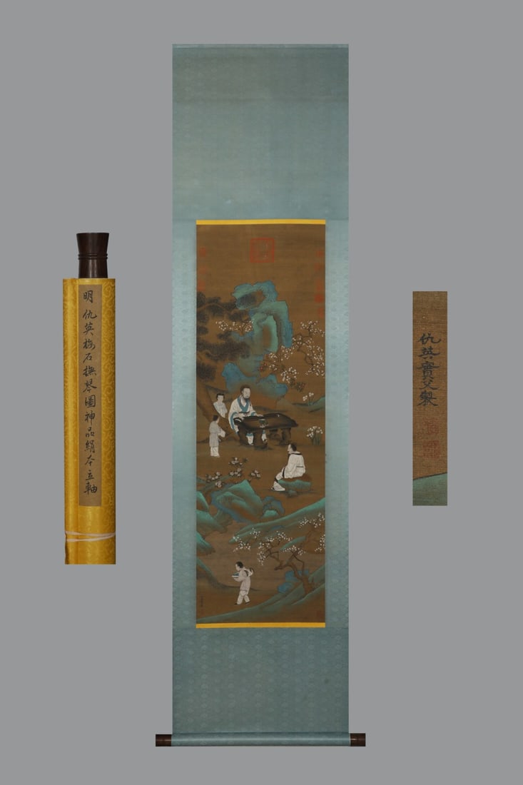 A Chinese Vertical Scroll Ink Painting of Landscape and Figure on Silk,Chou Ying: A Chinese Vertical Scroll Ink Painting of Landscape and Figure on Silk,Chou Ying,Size:(Without frame)49.6inx16.1in 一幅中国水墨绢本山水É