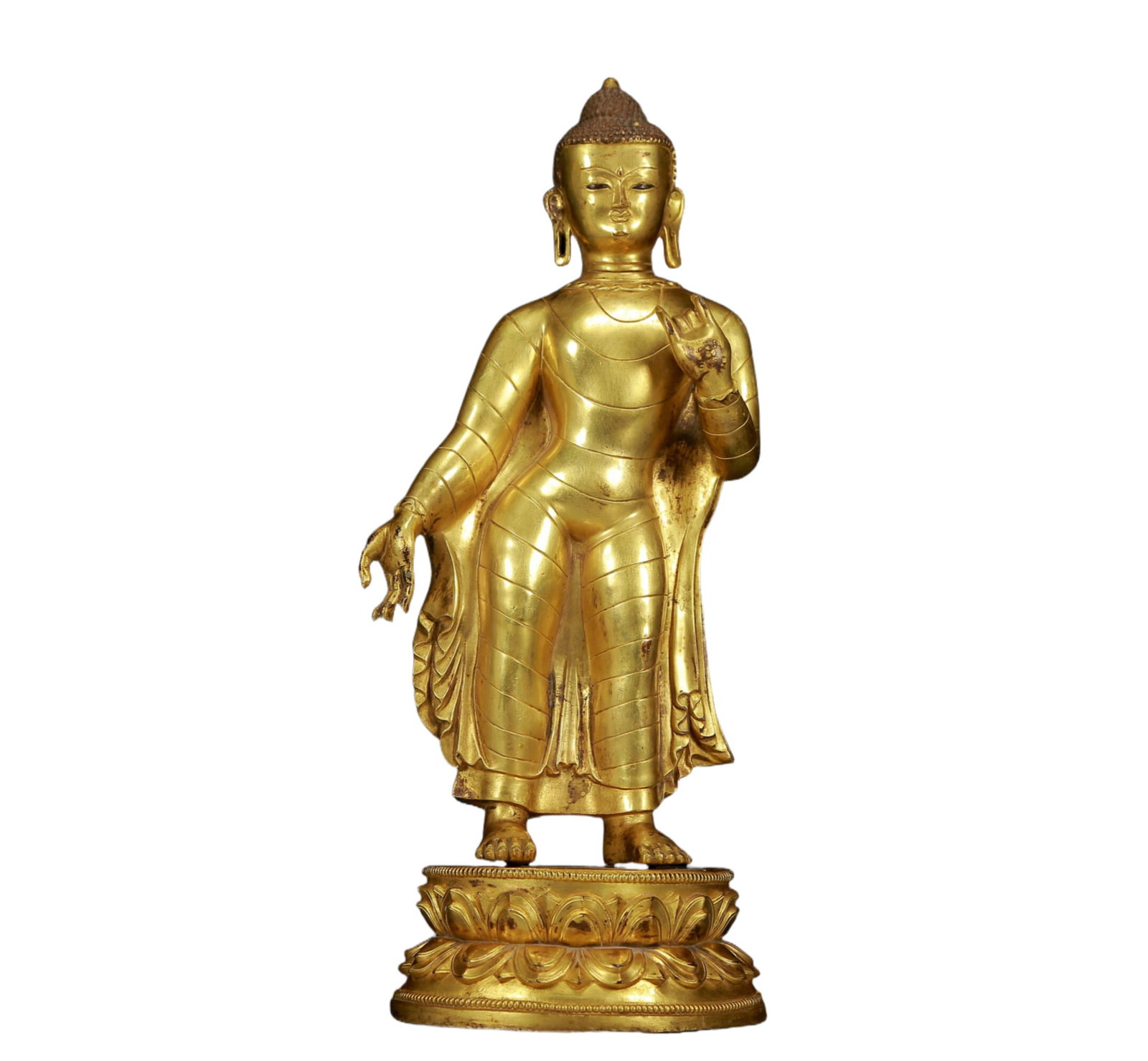 A Rare Gilt Bronze Statue of Sakyamuni: A Rare Gilt Bronze Statue of Sakyamuni,Ming Dynasty, China,Size:4.9inx13in,Weight:3395g 铜鎏金释迦摩尼像，明代