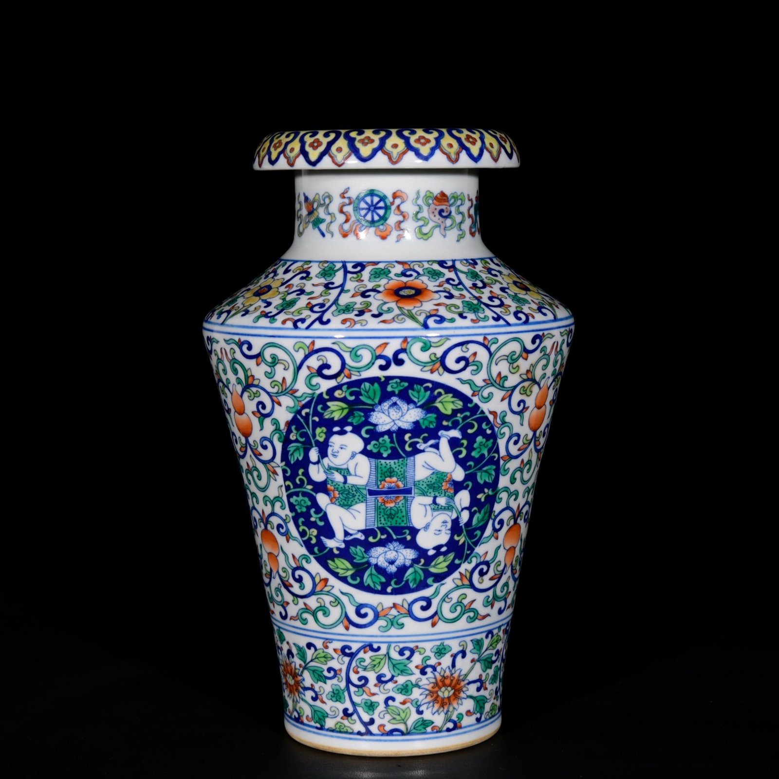 A Rare Doucai Lotus and Figure Pattern Vase: A Rare Doucai Lotus and Figure Pattern Vase,Qing Dynasty, China,Qianlong Six-character Mark,Size:12.2inx7.9in 斗彩缠枝莲人物纹瓶,中国&