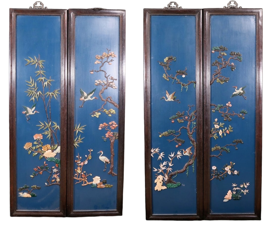 A set of exquisite zitanwood painted four-bar hanging screens inlaid with gems and flowers and: A set of exquisite zitanwood painted four-strip hanging screens with flower and bird patterns inlaid with gemstones. This exquisite hanging screen is a masterpiece of Chinese Qing Dynasty art. It uses
