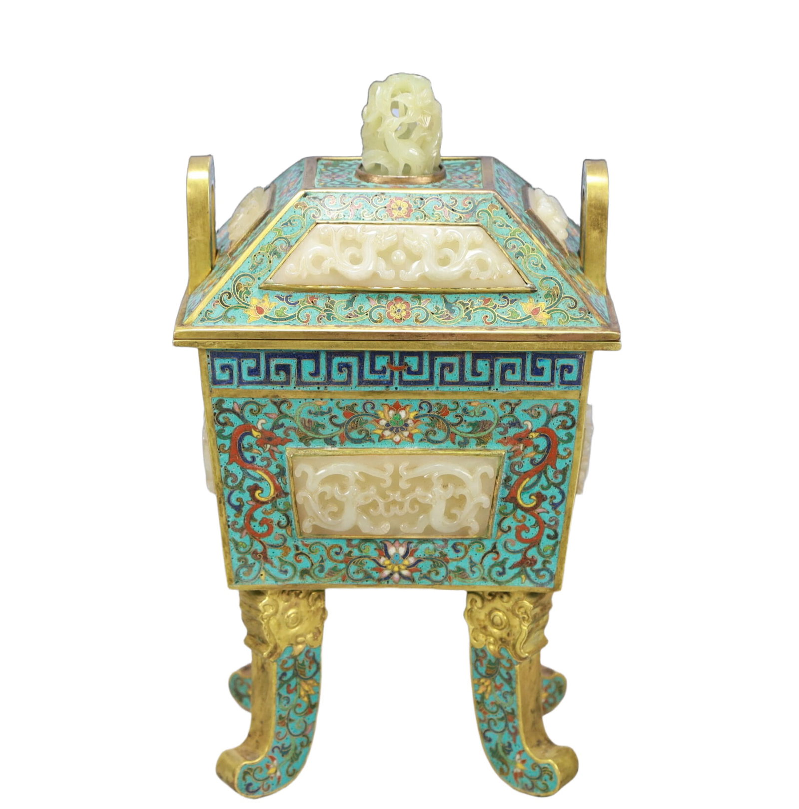 An Exquisite Cloisonne Lotus and Dragon Pattern Double-Ears Censer,Inlaid White Jade: An Exquisite Cloisonne Lotus and Dragon Pattern Double-Ears Censer,Inlaid White Jade,Qing Dynasty,China,Qianlong Four-character Mark,Size:7.1inx5.5inx10.6in,Weight:5100g 景泰蓝ಶ