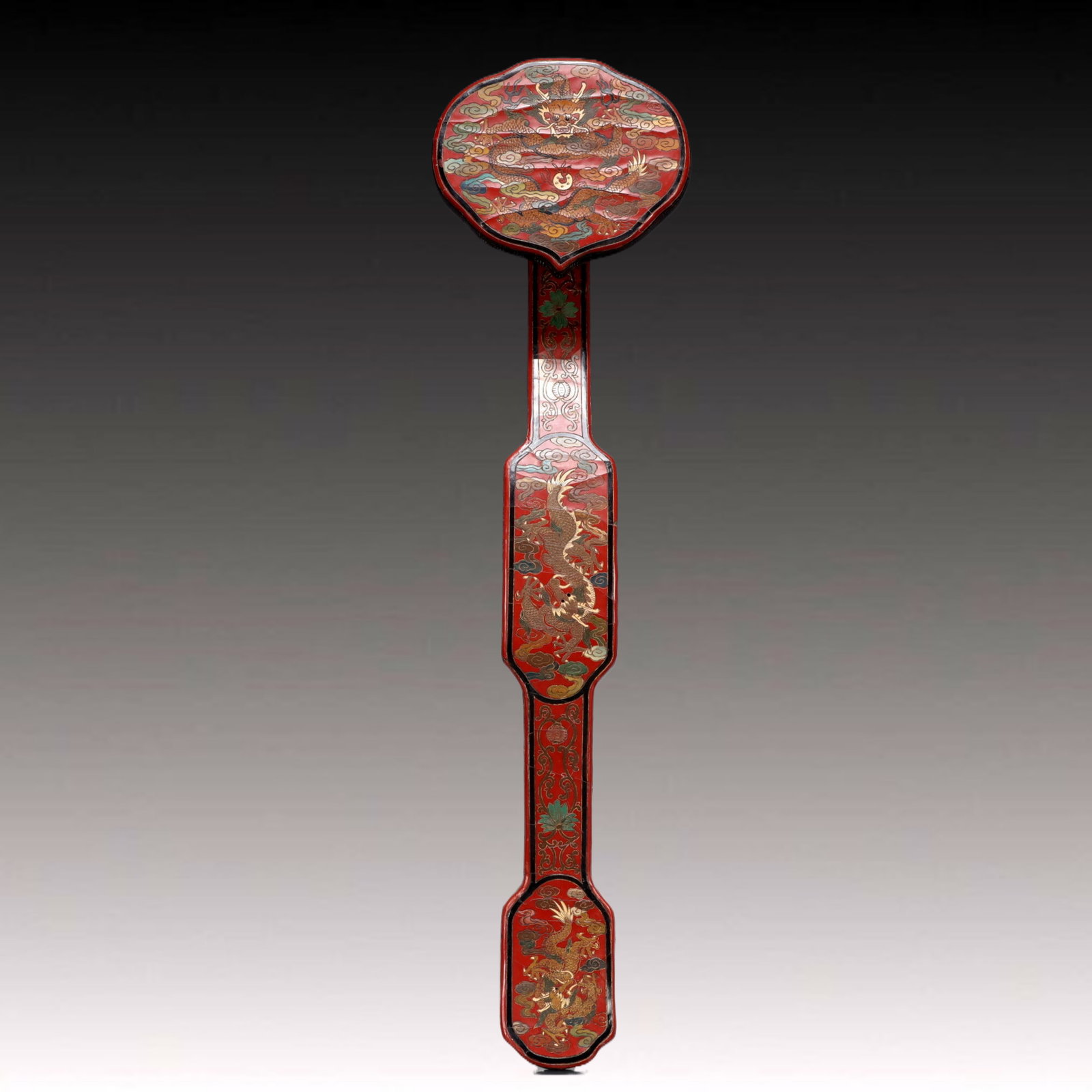 A Exquisite Carved Red Lacquer Dragon Pattern Ruyi: A Exquisite Carved Red Lacquer Dragon Pattern Ruyi , Qing Dynasty, China Qianlong Six-character Mark , Size:15.7inx4.1inx2.3in Weight:150g 漆器龙纹如意 中