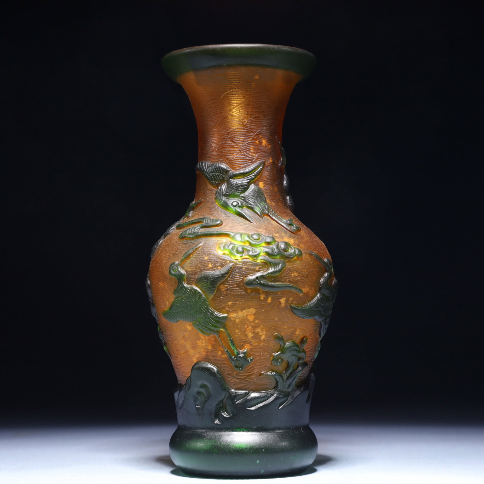 An Exquisite Glass Flower and Bird Pattern Vase: An Exquisite Glass Flower and Bird Pattern Vase,Qing Dynasty,China,Qianlong Four-character Mark,Size:2.8inx7.1in,Weight:350g 琉璃花鸟纹瓶,中国清&#