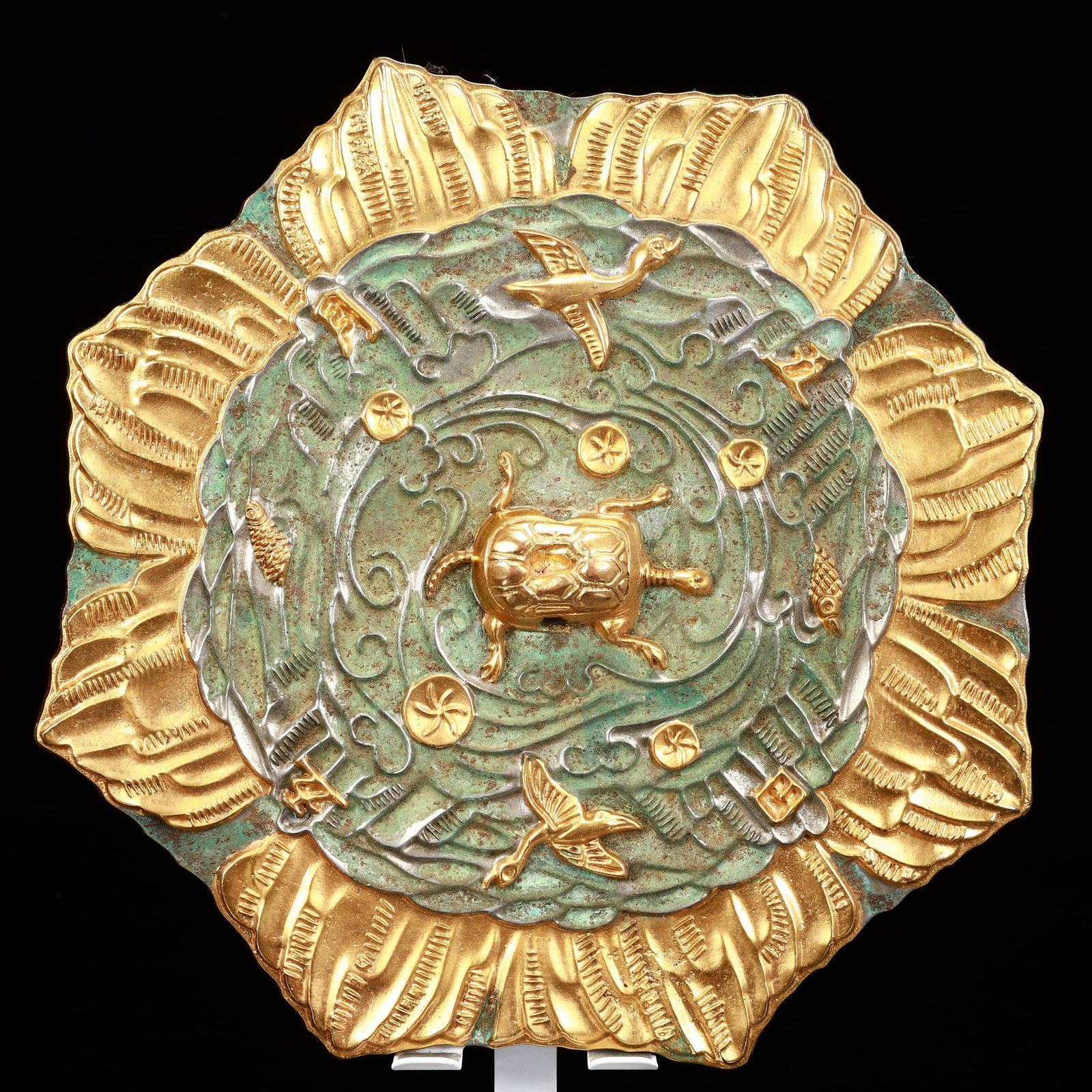 An Archaic Bronze Inlaid Gold and Silver Turtle Crane Pattern Round Mirror: An Archaic Bronze Inlaid Gold and Silver Turtle Crane Pattern Round Mirror,The Warring States period in China,Size:8.7inx0.8in,Weight:1350g 铜错金银龟鹤纹