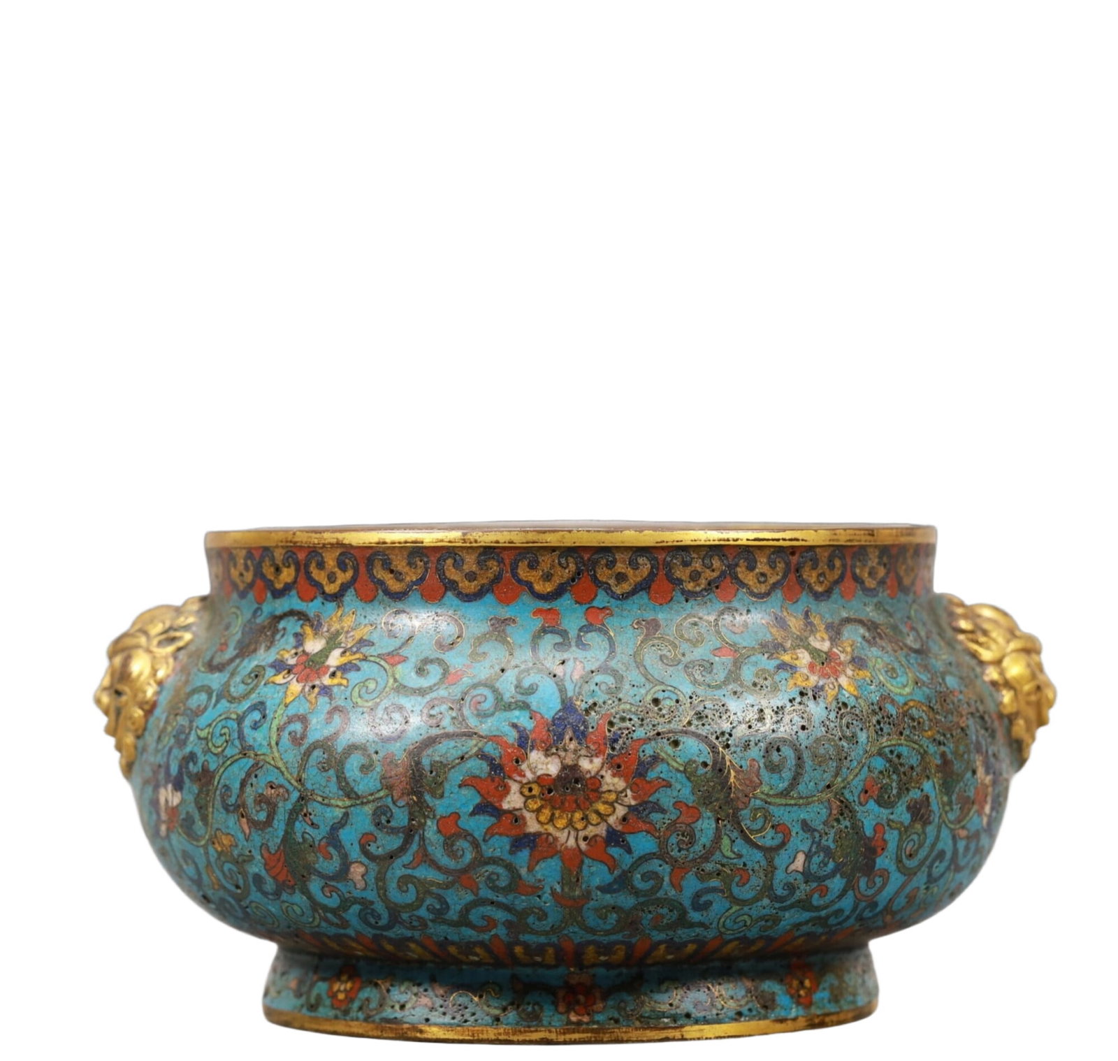 A Gorgeous Cloisonne 'Scrolling Lotus' Lion-Handled Censer: A Gorgeous Cloisonne 'Scrolling Lotus' Lion-Handled Censer. Enameled in polychrome with various patterns,all reserved on a bright turquoise ground. Chinese Qing Dynasty. Qianlong Four-Character Mark. 
