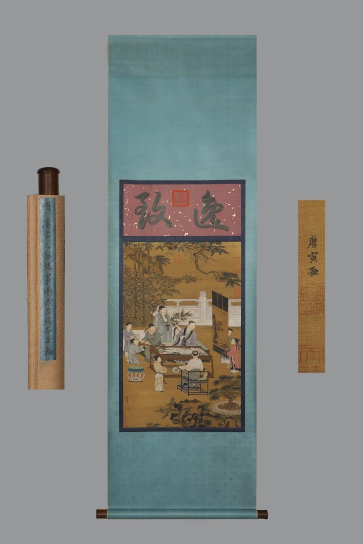 A Chinese Vertical Scroll Ink Painting of Character and Story on Silk,Tang Yin: A Chinese Vertical Scroll Ink Painting of Character and Story on Silk,Tang Yin,Size:(Without frame)40.6inx19.3in 一幅中国水墨绢本人物故