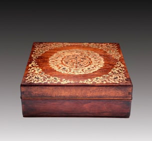 An Exquisite Huanghuali Wood Gilded 'Scrolling Lotus& Bat' Box