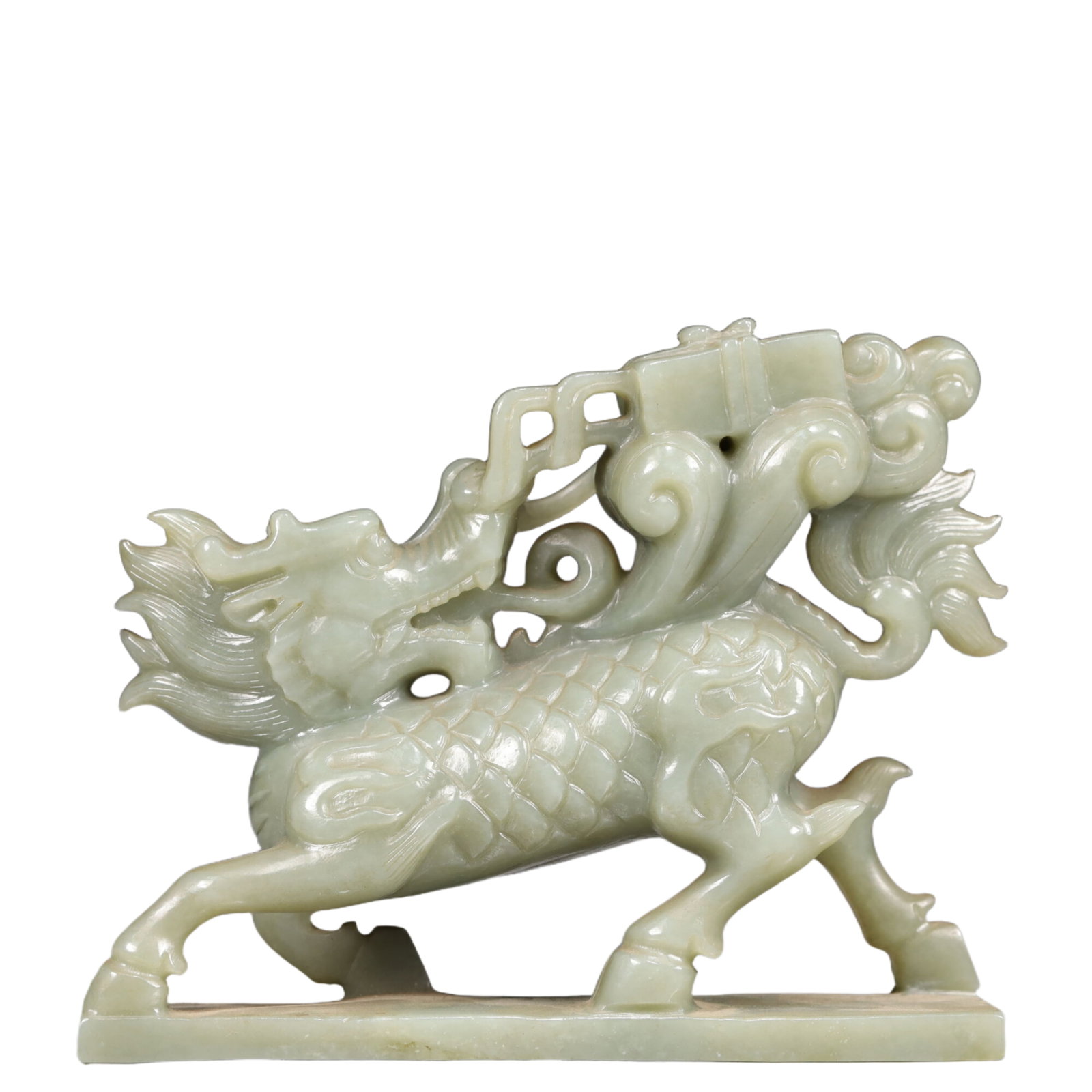 An Exquisite Greenish Jade Auspicious Beast Ornament: An Exquisite Greenish Jade Auspicious Beast Ornament, Qing Dynasty, China,Size:6.5inx1.8inx4.9in,Weight:1000g 青玉瑞兽摆件, 中国清代