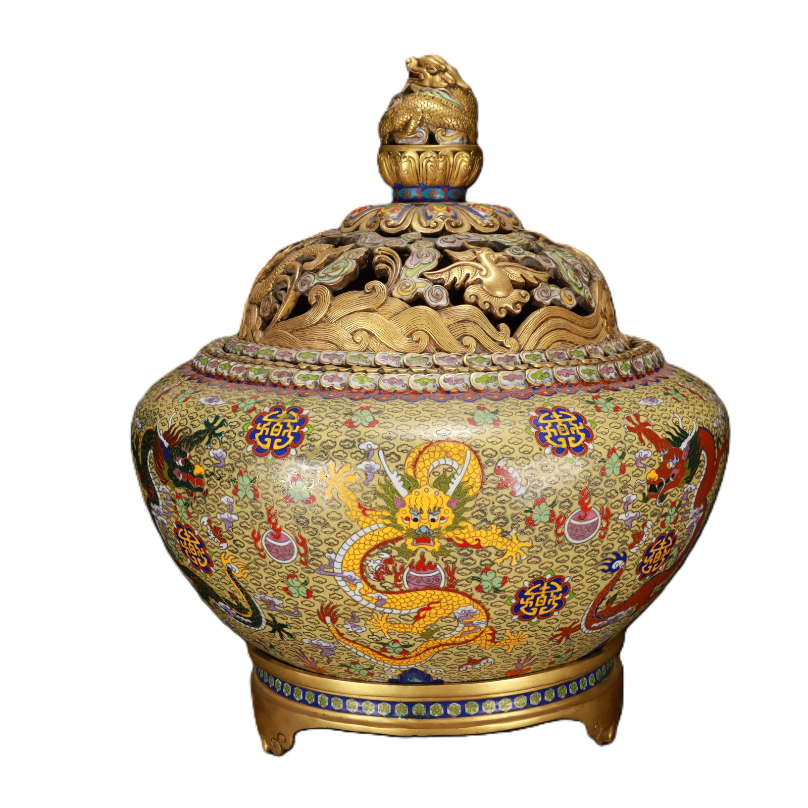 An Exquisite Cloisonne Auspicious Cloud and Dragon Pattern Censer,with Base: An Exquisite Cloisonne Auspicious Cloud and Dragon Pattern Censer,with Base,Qing Dynasty,China,Yongzheng Four-character Mark,Size:15.7inx18.1in,Weight:23000g 景泰蓝祥云&#