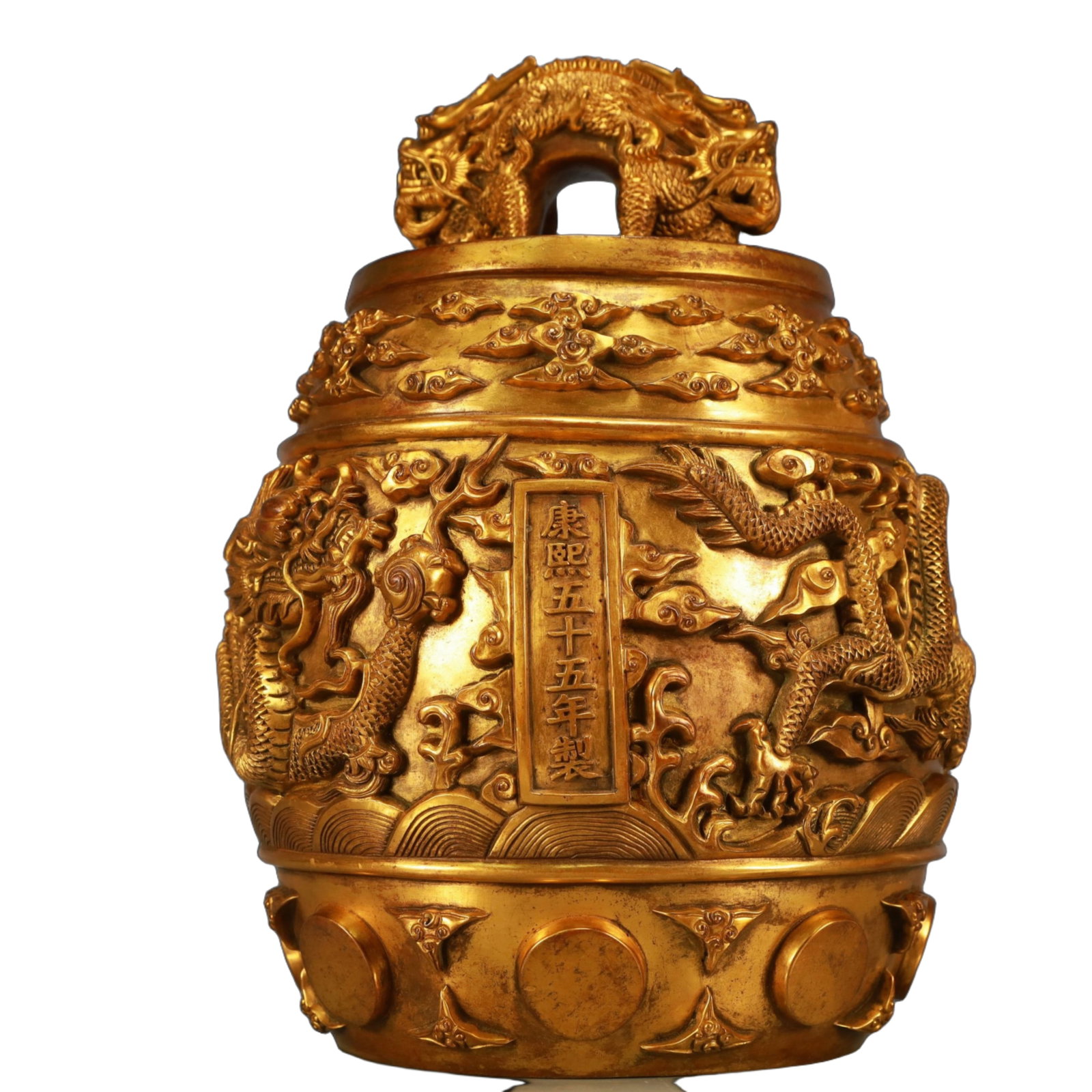 An Exquisite Gilt Bronze Auspicious Cloud and Dragon Pattern Chime: An Exquisite Gilt Bronze Auspicious Cloud and Dragon Pattern Chime,Qing Dynasty, China,Kangxi Mark,Size:7.1inx11in,Weight:15250g 铜鎏金祥云龙纹编钟