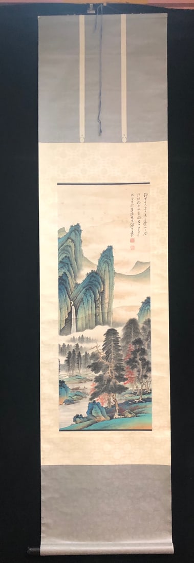 A Chinese Vertical Scroll Ink Painting of Landscape on Paper,Zhang Daqian: A Chinese Vertical Scroll Ink Painting of Landscape on Paper,Zhang Daqian,Size:15.4inx43.3in 一幅中国水墨山水画立轴,张大&#