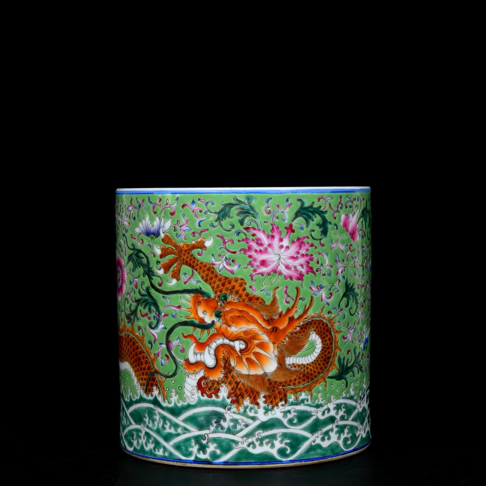 An Exquisite Green Ground Enamel Lotus,Seawater and Dragon Pattern Brush Pot: An Exquisite Green Ground Enamel Lotus,Seawater and Dragon Pattern Brush Pot,Qing Dynasty, China,Qianlong Six-character Mark,Size:8.3inx8.3in 绿地珐琅彩缠枝&#