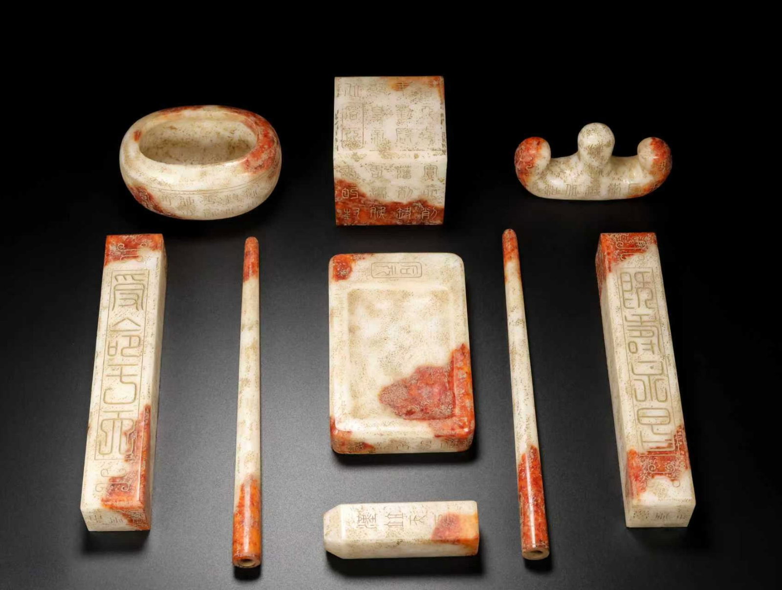 A Set of Fine White Jade Ornaments,With Inscription (1 of 9)