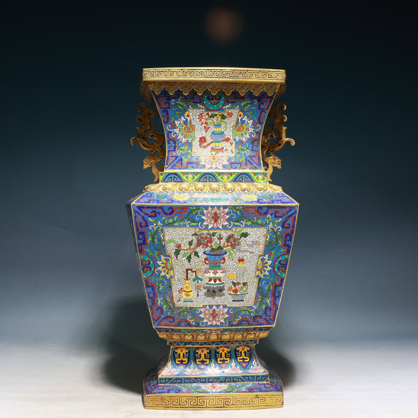 A Huge Cloisonne Lotus and Bogu Pattern Dragon-Ears Vase: A Huge Cloisonne Lotus and Bogu Pattern Dragon-Ears Vase,Qing Dynasty, China,Qianlong Four-character Mark,Size:10.2inx8.3inx20.1in,Weight:16400g 景泰蓝缠枝莲博
