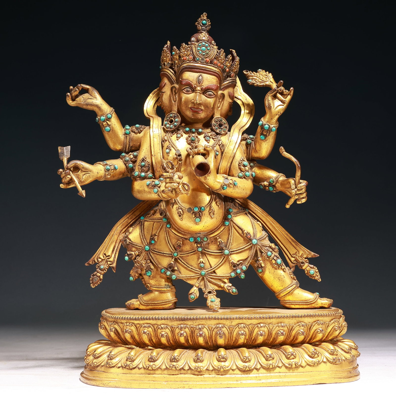 A Solemn Gilt Bronze Buddha Statue,Inlaid Turquoise,With Inscription: A Solemn Gilt Bronze Buddha Statue,Inlaid Turquoise,With Inscription,Qing Dynasty, China,Size:9.8inx4.7inx14.6in,Weight:6500g 铜鎏金佛像,嵌绿松石,