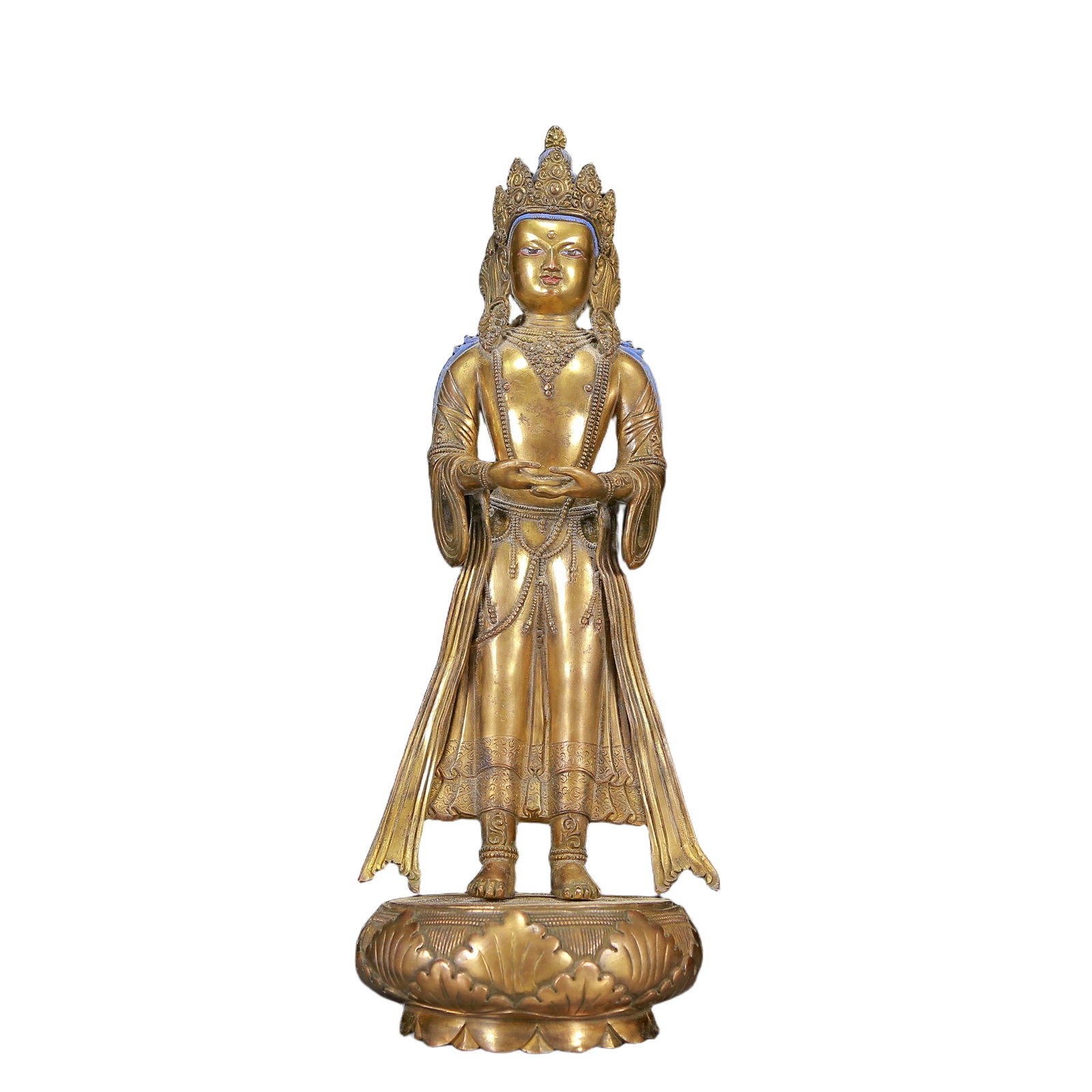 A Solemn Gilt Bronze Statue of Amitayus: A Solemn Gilt Bronze Statue of Amitayus,Qing Dynasty, China,Size:4.7inx12.6in,Weight:2645g 铜鎏金长寿佛像，清代