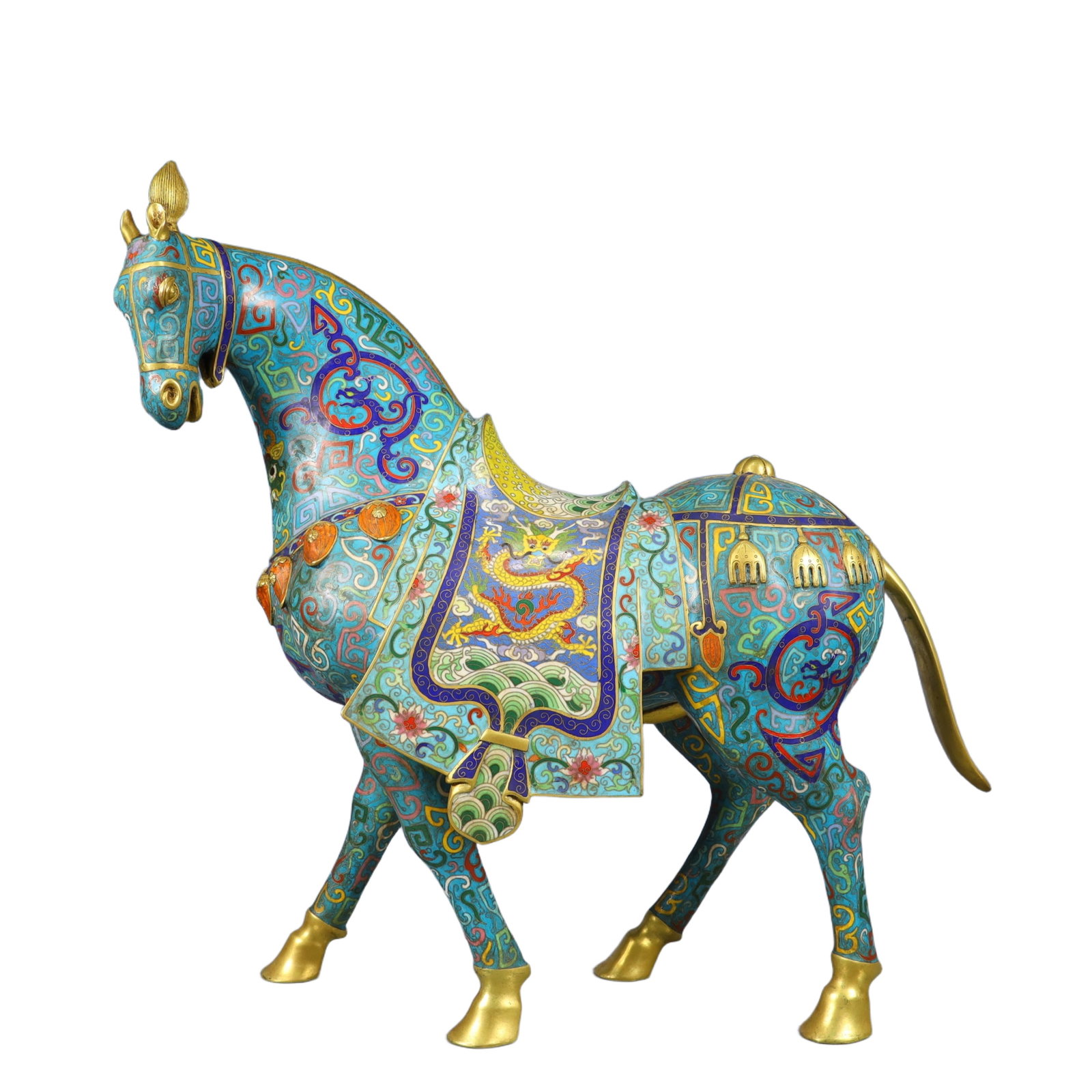 A Huge Cloisonne Seawater,Auspicious Cloud and Dragon Pattern Horse Ornament: A Huge Cloisonne Seawater,Auspicious Cloud and Dragon Pattern Horse Ornament,Qing Dynasty, China,Qianlong Six-character Mark,Size:23.6inx7.1inx20.1in,Weight:13850g 景泰蓝海