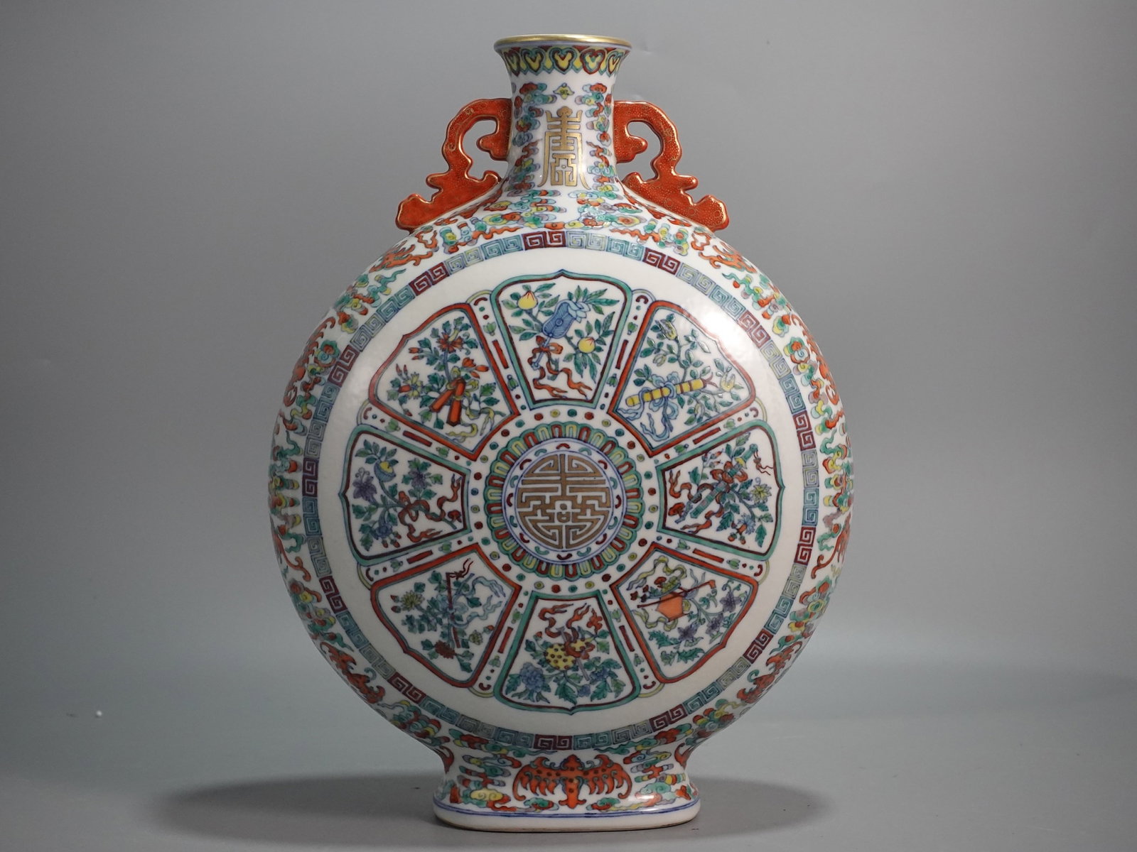 A Huge Blue and White Doucai Auspicious Cloud,Bats and Eight Treasures Pattern Double-Ears Vase: A Huge Blue and White Doucai Auspicious Cloud,Bats and Eight Treasures Pattern Double-Ears Vase,Qing Dynasty,China,Qianlong Six-character Mark,Size:15.9inx11.2in 青花斗彩ణ