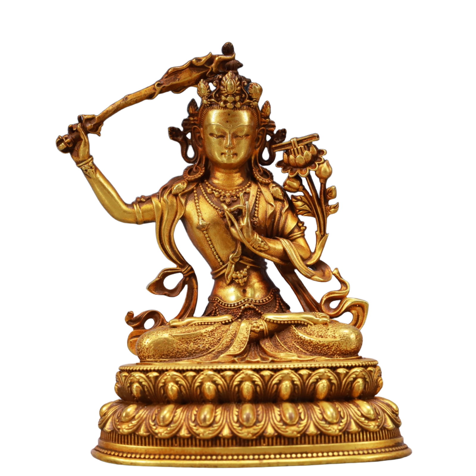 A Solemn Gilt Bronze Statue of Manjusri: A Solemn Gilt Bronze Statue of Manjusri,Qing Dynasty, China,Size:3.1inx2.2inx4.1in,Weight:608g 铜鎏金文殊菩萨像,中国清代