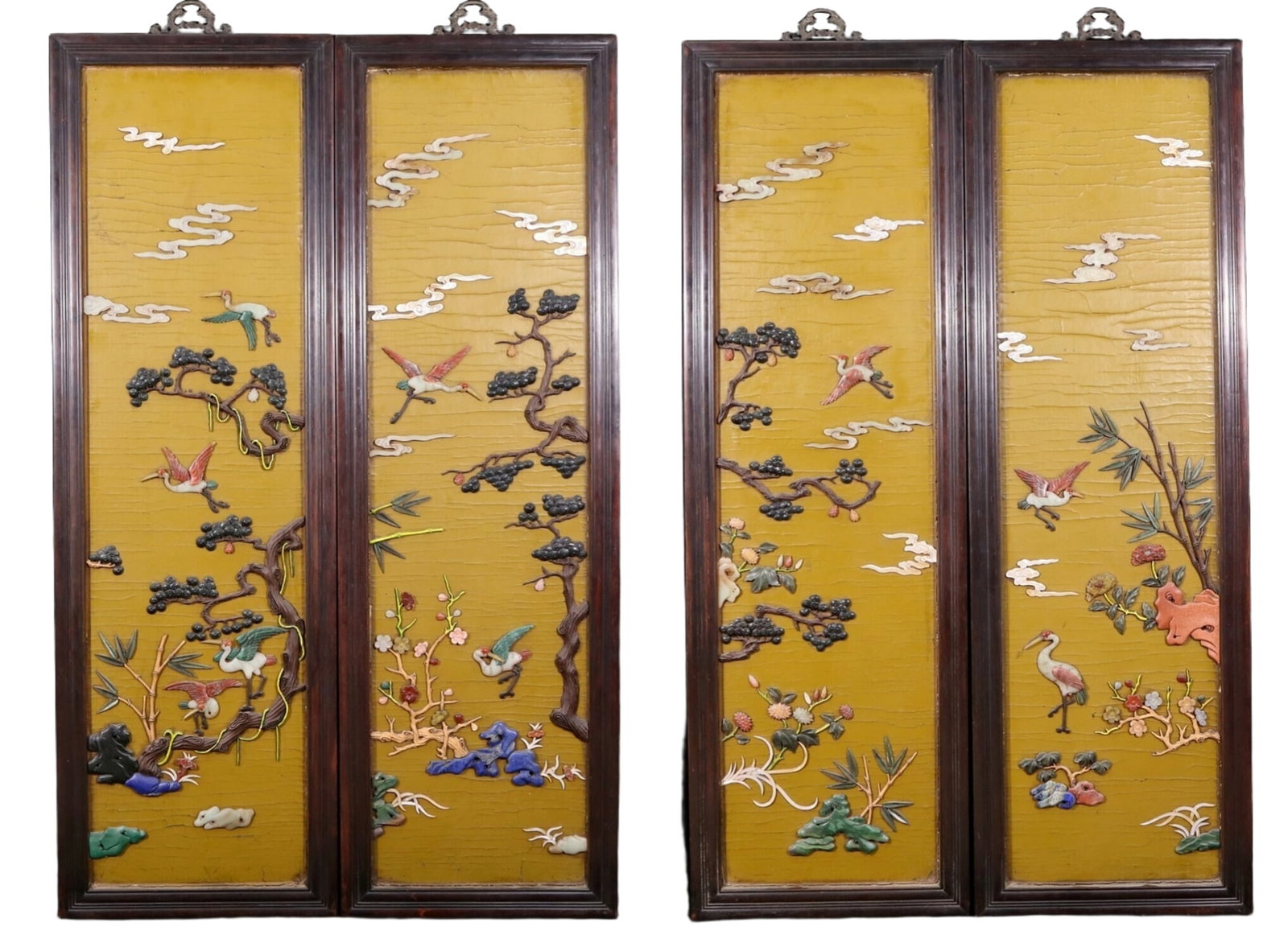 A set of exquisite zitanwood painted four-bar hanging screens inlaid with gems and flowers and (1 of 9)