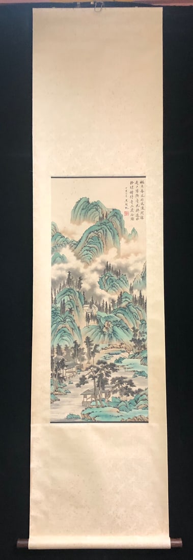 A Chinese Vertical Scroll Ink Painting of Landscape on Paper,Wu Hufan: A Chinese Vertical Scroll Ink Painting of Landscape on Paper,Wu Hufan,Size:15.4inx38.6in 一幅中国水墨山水画立轴,吴湖१
