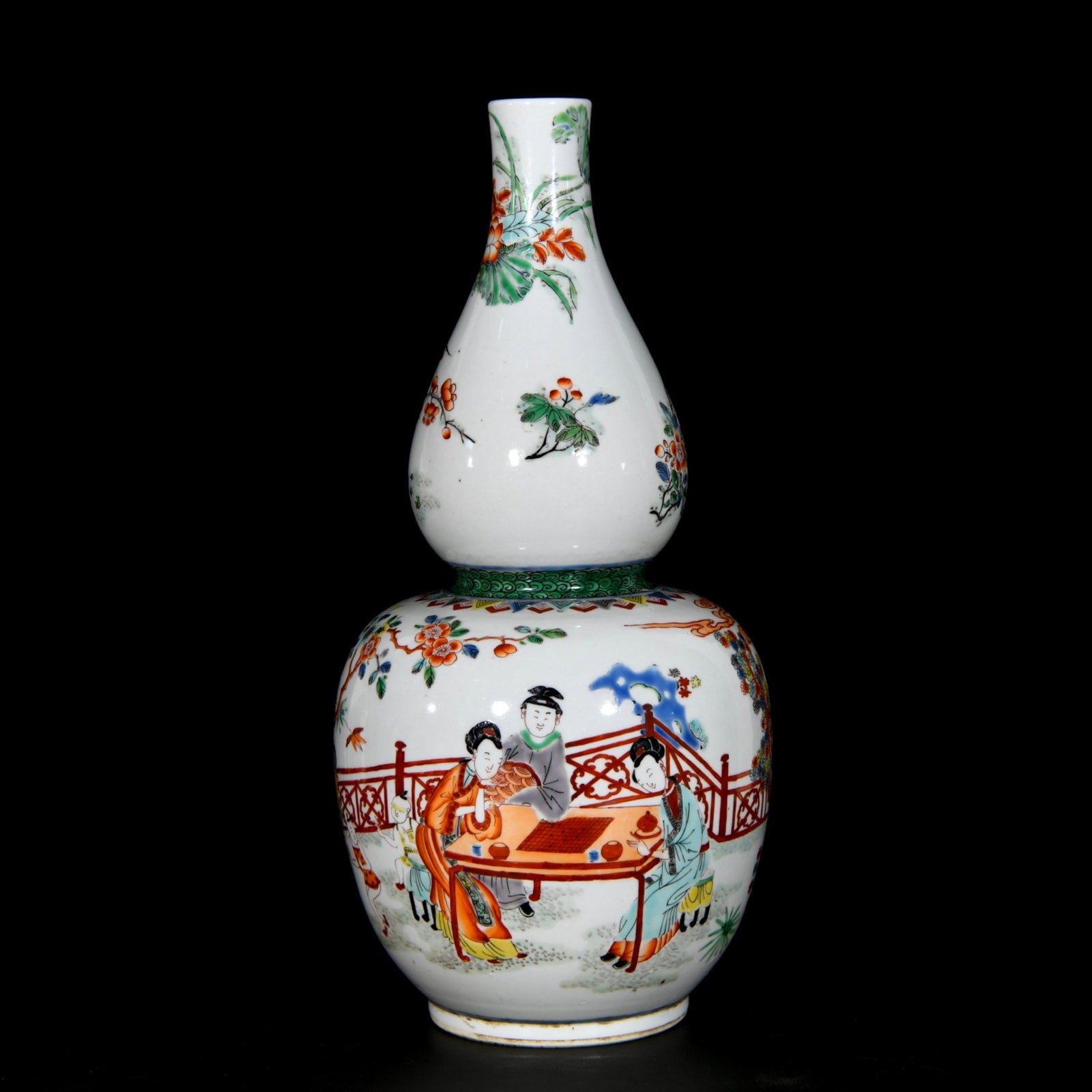 A Rare Wucai Flower and Figure Pattern Gourd-Shaped Vase: A Rare Wucai Flower and Figure Pattern Gourd-Shaped Vase,Qing Dynasty, China,Kangxi Six-character Mark,Size:14.2inx6.7in