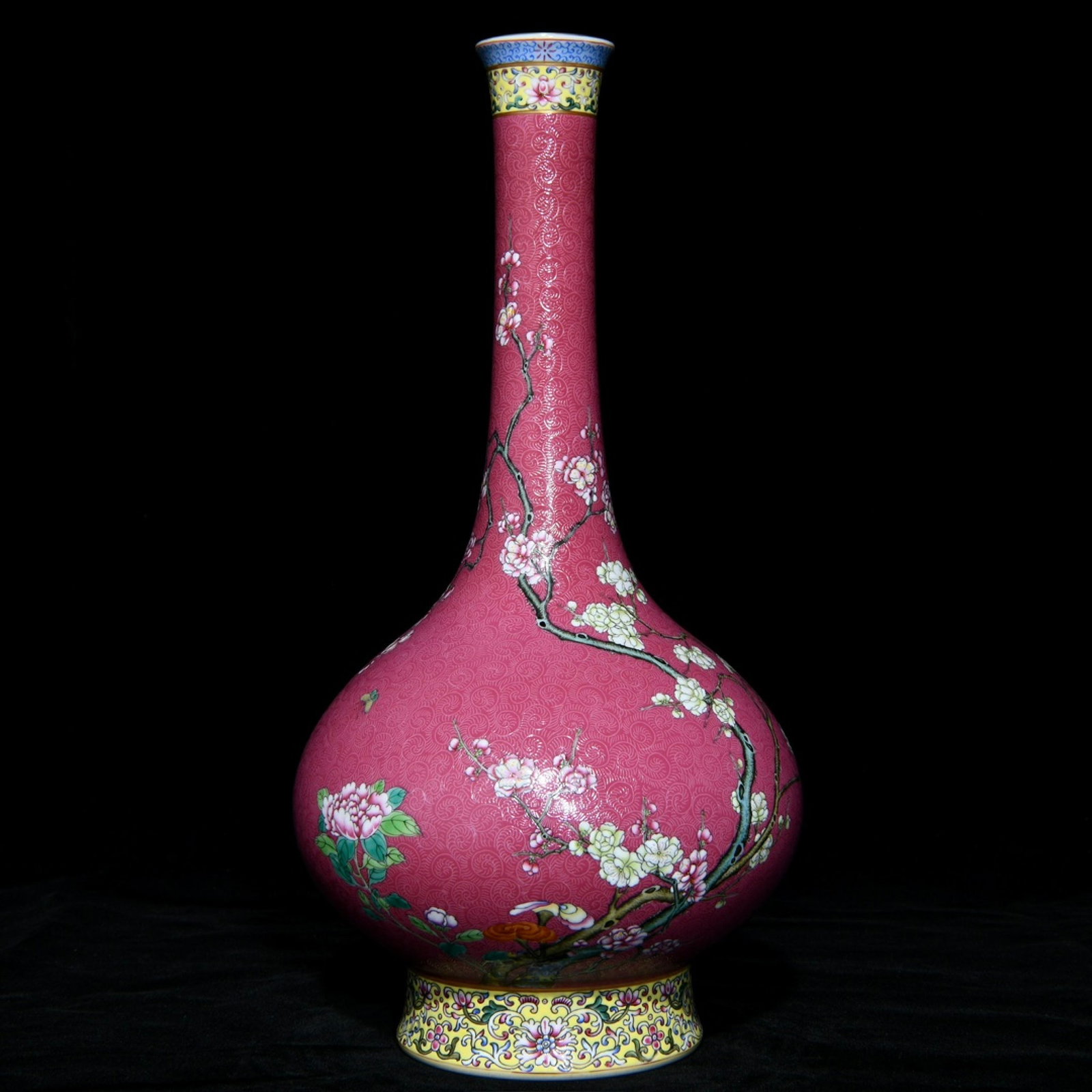A Rare Ruby Red-Glazed Enamel Flower Pattern Vase,with poem: A Rare Ruby Red-Glazed Enamel Flower Pattern Vase,with poem,Qing Dynasty,China,Yongzheng Six-character Mark,Size:14.1inx7.1in 胭脂红珐琅彩花卉纹&#