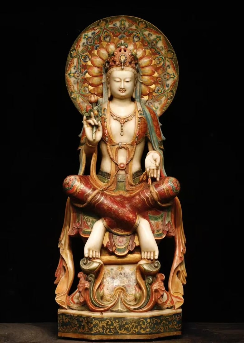 A Solemn Marble Painted Color Statue of Avalokitesvara: A Solemn Marble Painted Color Statue of Avalokitesvara,N.Qi , China,Size:59.1inx23.6inx17.7in 一尊庄严的汉白玉彩绘观音像,&