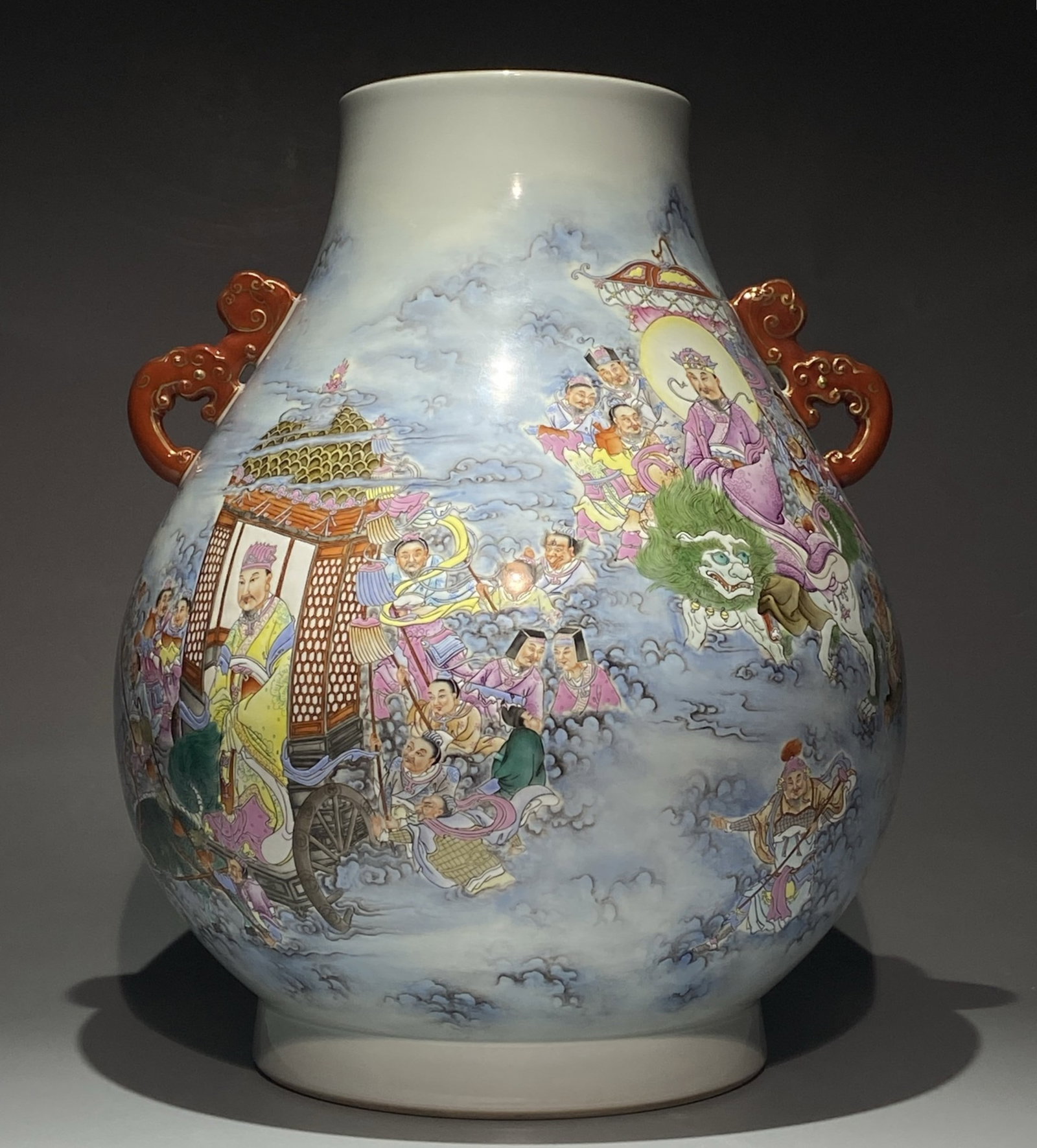 A Huge Famille-Rose Painted Gold Character and Story Pattern Double-Ears Vase,with poem: A Huge Famille-Rose Painted Gold Character and Story Pattern Double-Ears Vase,with poem,Qing Dynasty,China,Qianlong Six-character Mark,Size:18.9inx15.4in 粉彩描金人୰