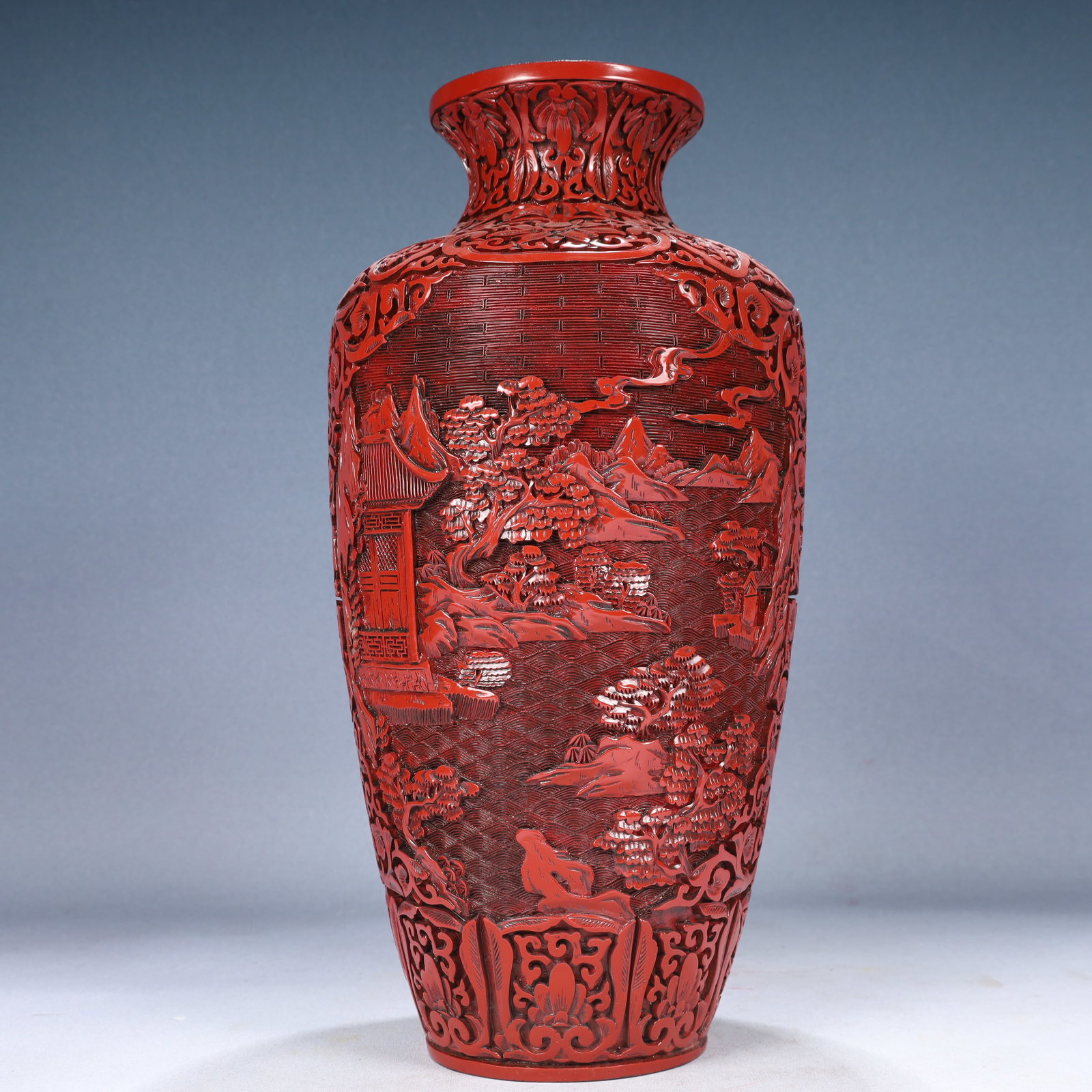 A Rare Carved Red Lacquer Landscape and Figure Pattern Vase: A Rare Carved Red Lacquer Landscape and Figure Pattern Vase,Qing Dynasty, China,Qianlong Six-character Mark,Size:7.1inx15in,Weight:1650g 剔红漆山水人物纹