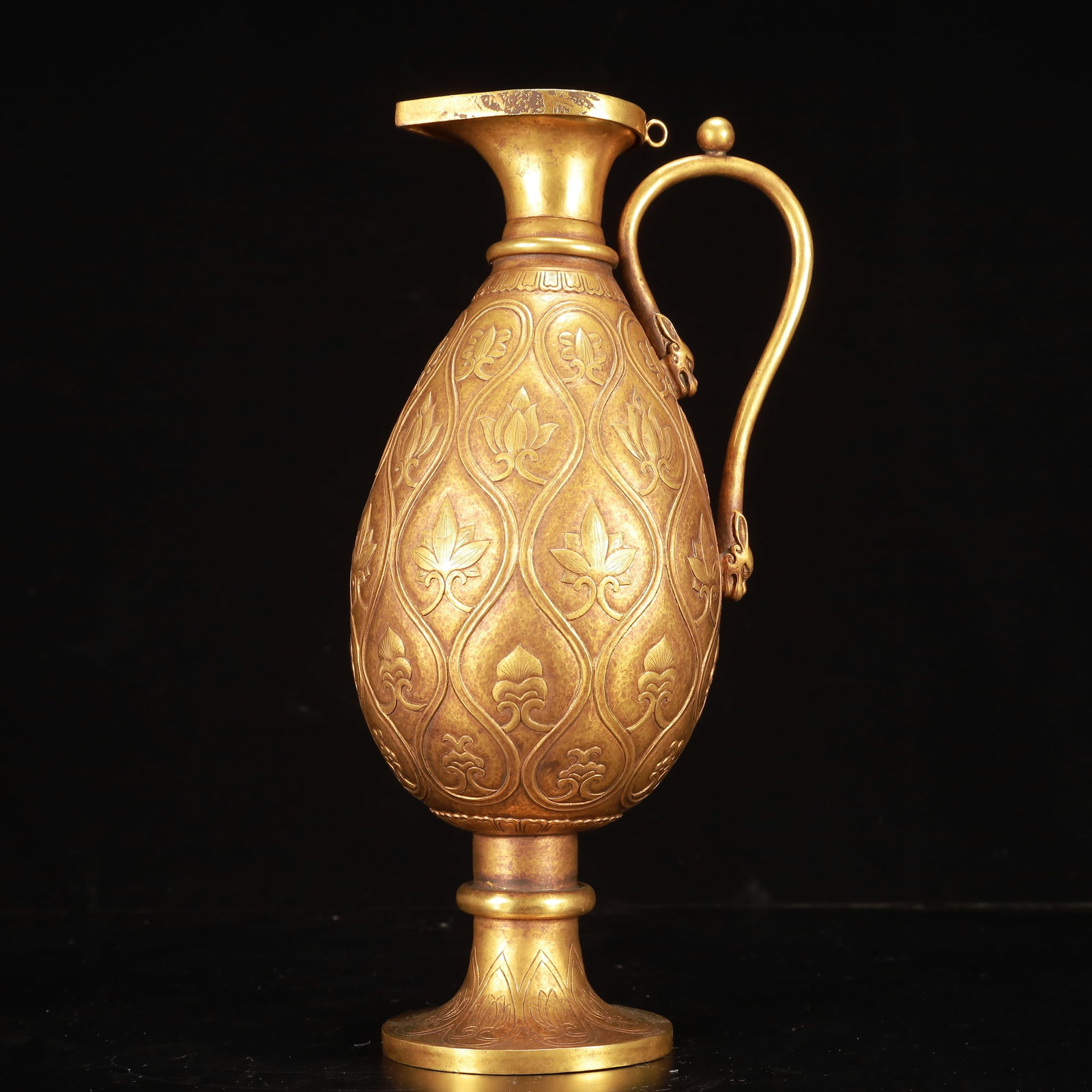 A Rare Gilt Bronze Lotus Pattern Ewer: A Rare Gilt Bronze Lotus Pattern Ewer,Qing Dynasty, China,Qianlong Four-character Mark,Size:5.1inx12.6in,Weight:1200g 铜鎏金莲花纹执壶,中国&