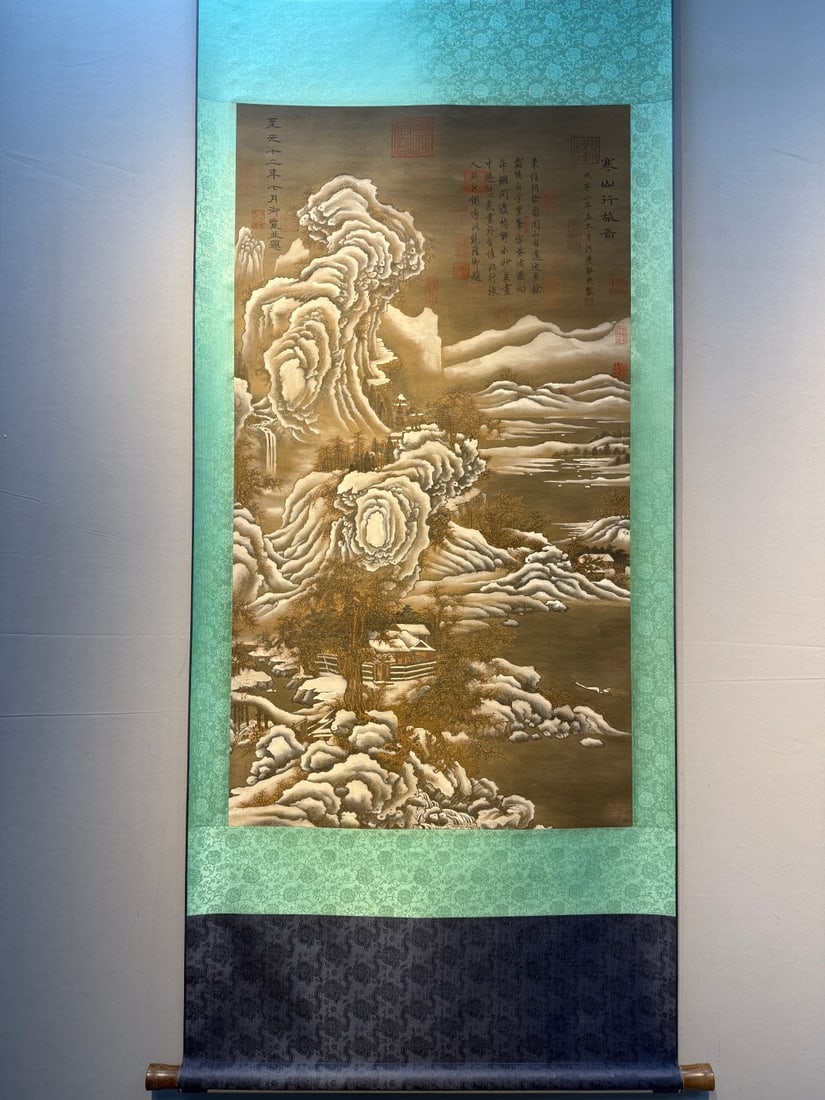 A Chinese Vertical Scroll Ink Painting of Landscape on Silk,Guo Xi: A Chinese Vertical Scroll Ink Painting of Landscape on Silk,Guo Xi,Size:(Without frame)46.1inx25.2in 一幅中国水墨绢本山水画立