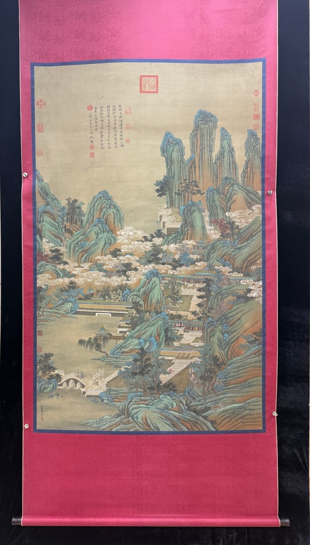 A Chinese Vertical Scroll Ink Painting of Landscape and Figure on Silk,Chou Ying: A Chinese Vertical Scroll Ink Painting of Landscape and Figure on Silk,Chou Ying,Size:(Without frame)66.9inx41.3in 一幅中国水墨绢本山水É
