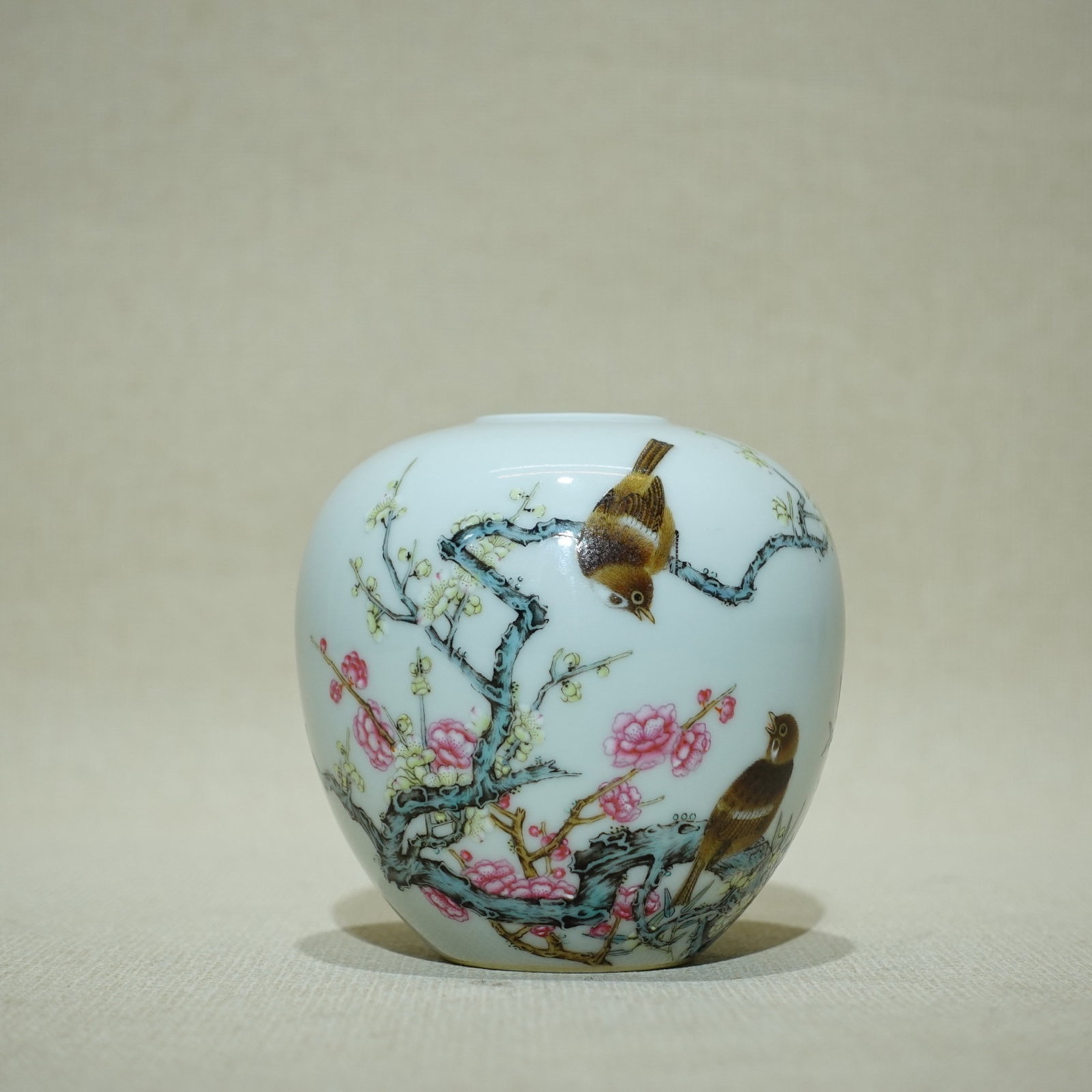 An Exquisite Famille-Rose Flower and Bird Pattern Water Pot: An Exquisite Famille-Rose Flower and Bird Pattern Water Pot,Qing Dynasty,China,Yongzheng Four-character Mark,Size:3.1inx3.1in 粉彩花鸟纹水盂,中国&