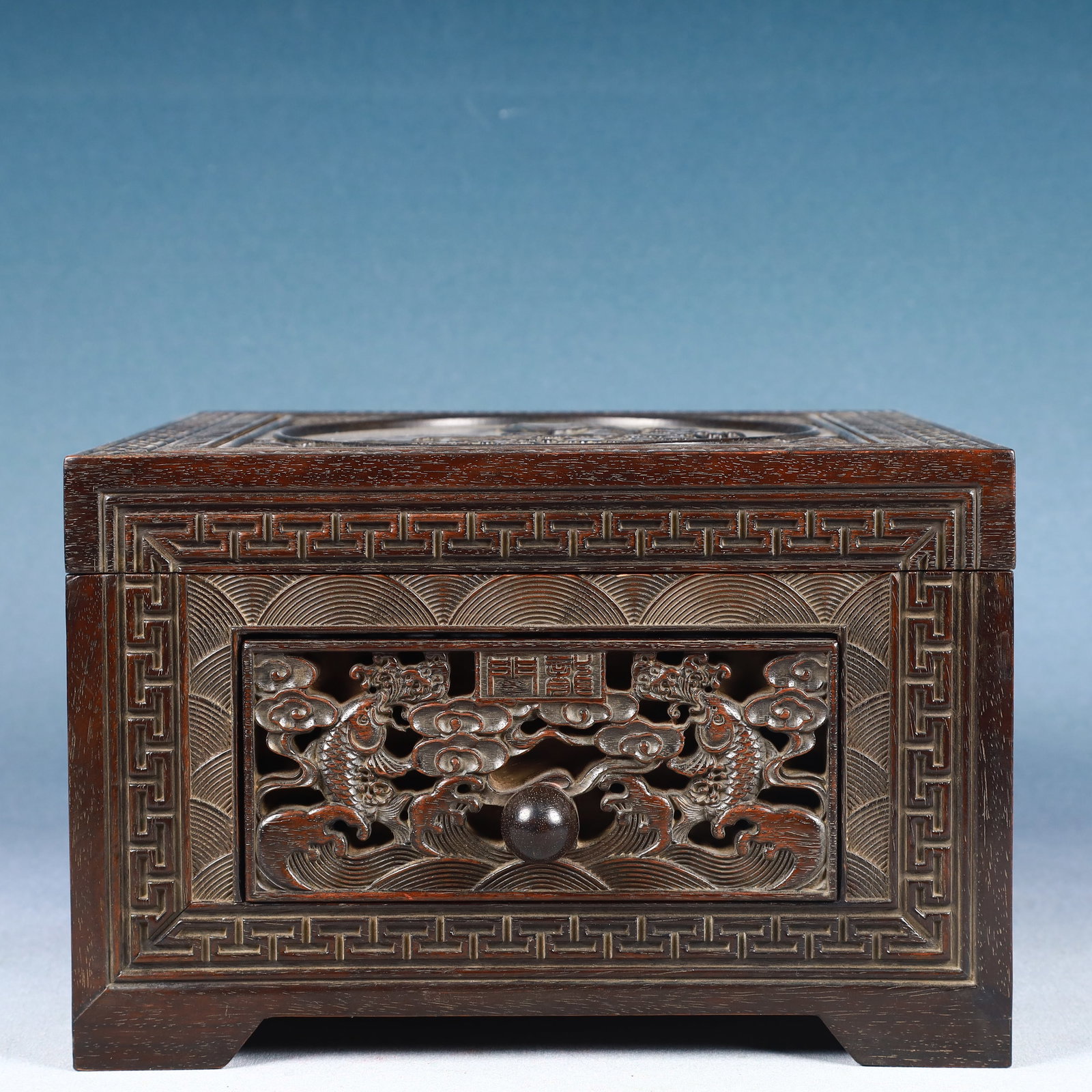 An Exquisite Zitanwood Hollow Auspicious Cloud and Fish Pattern Box: An Exquisite Zitanwood Hollow Auspicious Cloud and Fish Pattern Box,Qing Dynasty, China,Size:10.6inx7.1in,Weight:3750g 紫檀木镂空祥云鱼纹箱&