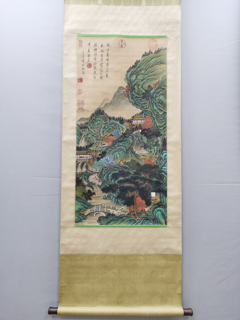 A Chinese Vertical Scroll Ink Painting of Landscape on Silk,Zhao Boju: A Chinese Vertical Scroll Ink Painting of Landscape on Silk,Zhao Boju,Size:(Without frame)40.9inx50㎝ 一幅中国水墨绢本山水画
